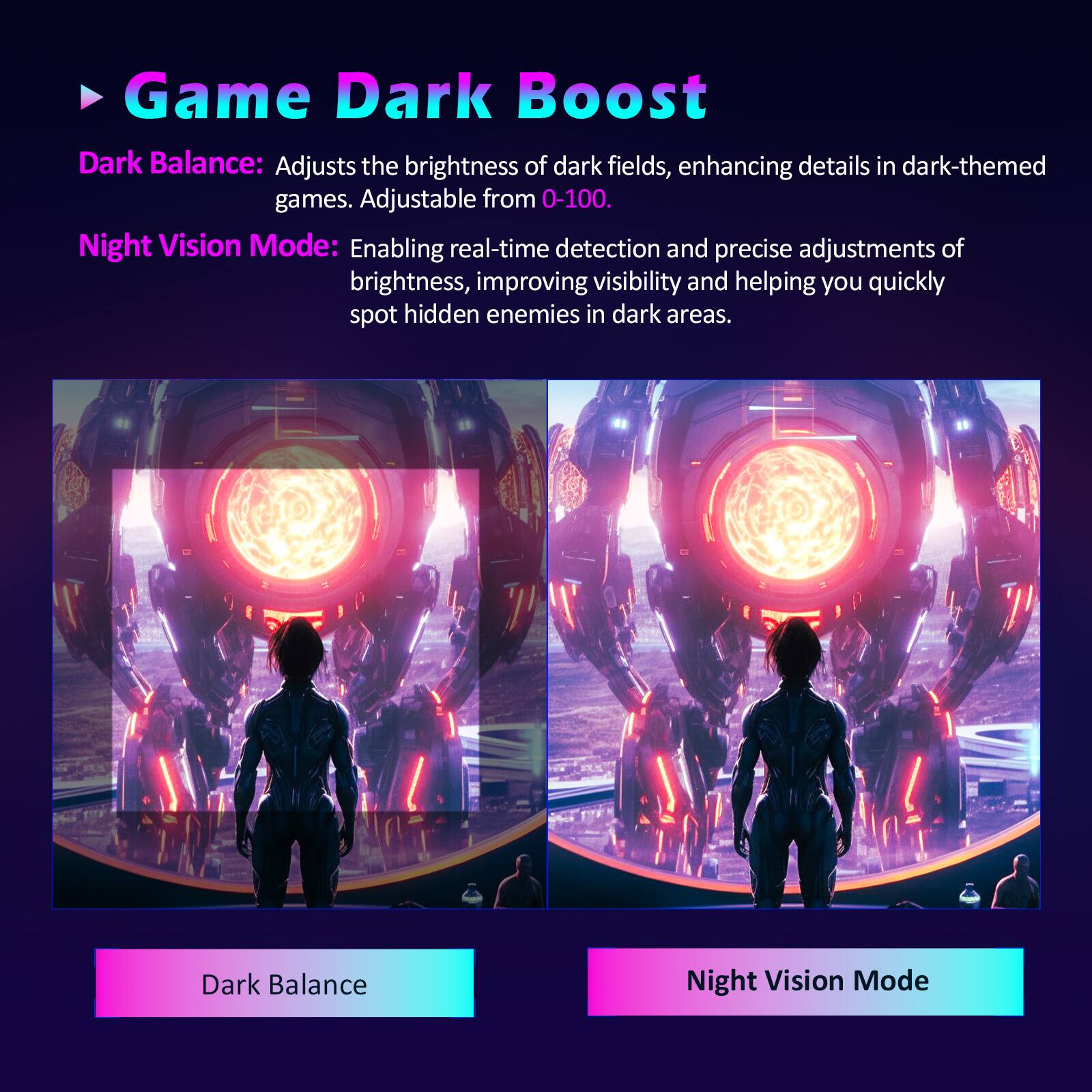 **Game Dark Boost**

- **Dark Balance:** Adjusts the brightness of dark fields, enhancing details in dark-themed games. Adjustable from 0-100.
- **Night Vision Mode:** Enabling real-time detection and precise adjustments of brightness, improving visibility and helping you quickly spot hidden enemies in dark areas.

**Dark Balance**

**Night Vision Mode**