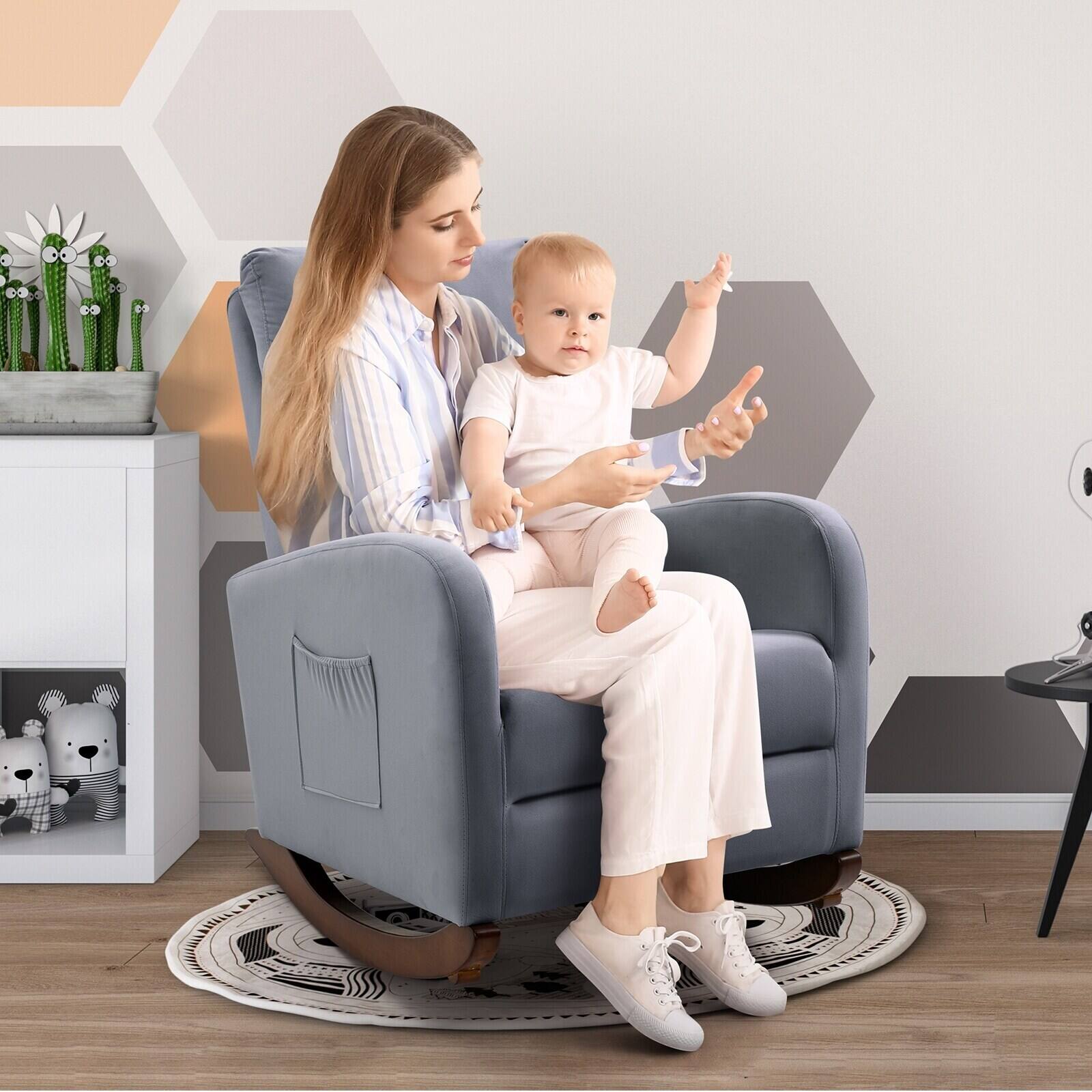 Angle. U-HOMY - Mid Century Velvet Rocking Chair with High Back – Upholstered Glider Armchair for Nursery or Living Room - Gray.