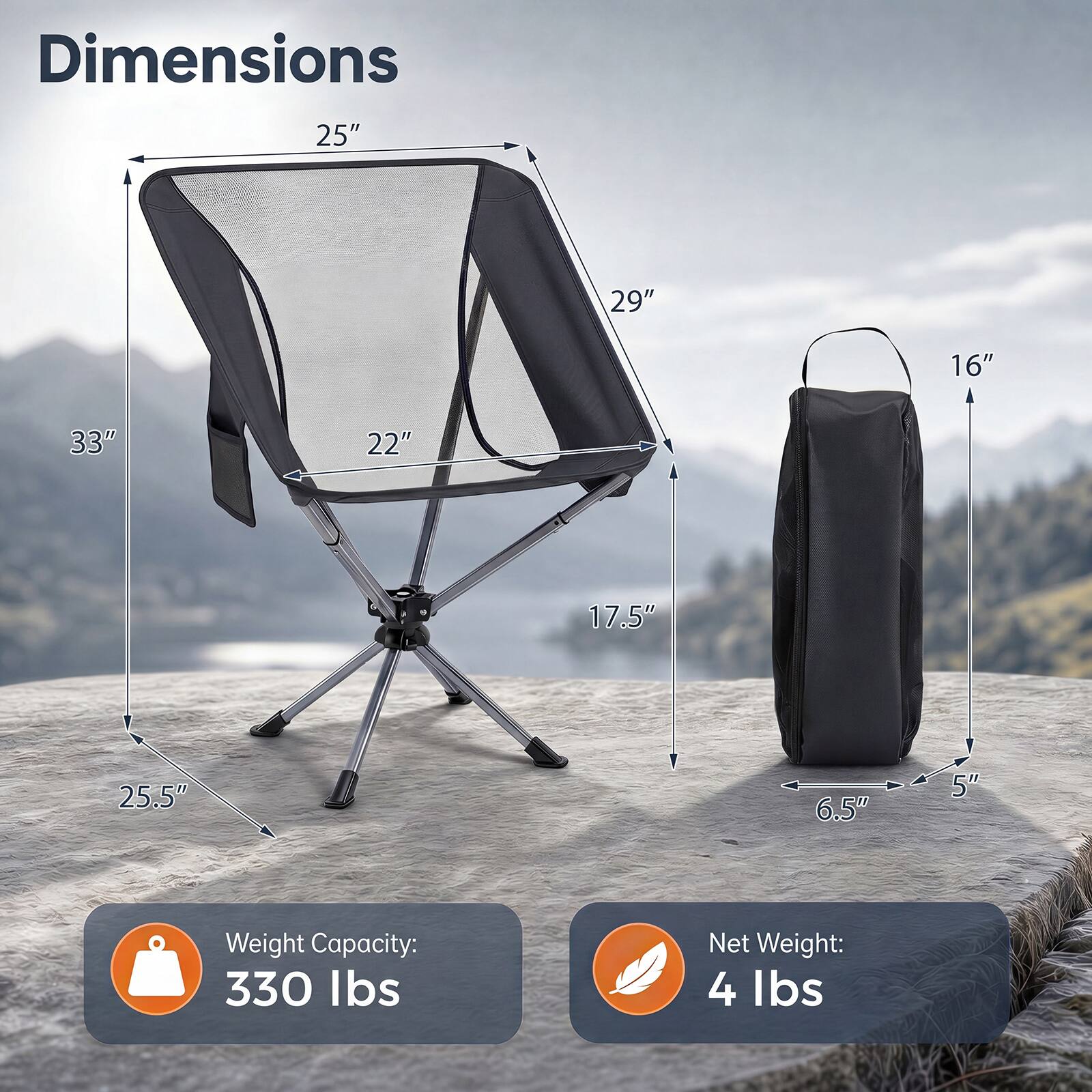 Dimensions: 25" x 29" x 16" x 33" x 22" x 17.5" x 25.5" x 6.5" x 5"  
Weight Capacity: 330 lbs  
Net Weight: 4 lbs