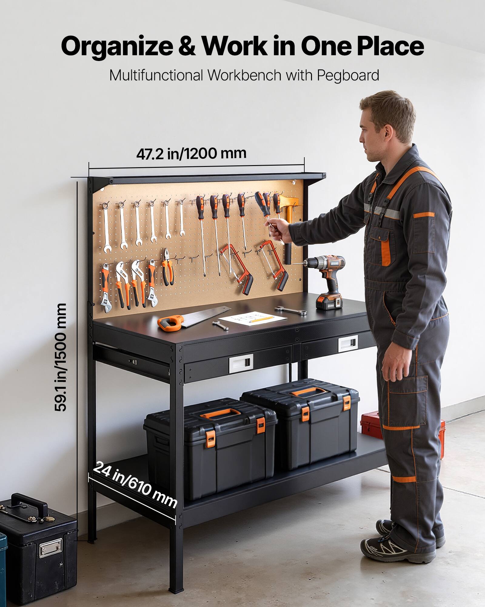 Organize & Work in One Place  
Multifunctional Workbench with Pegboard  

47.2 in/1200 mm  
59.1 in/1500 mm  
24 in/610 mm