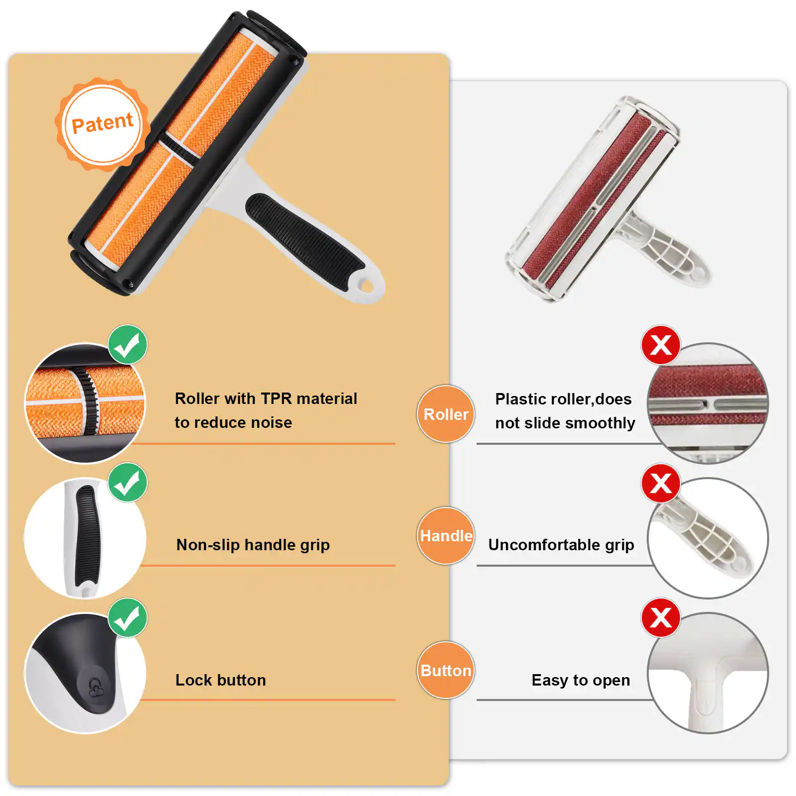 Patent: Roller with TPR material to reduce noise

Roller: Roller with TPR material to reduce noise, Plastic roller, does not slide smoothly

Handle: Non-slip handle grip, Uncomfortable grip

Button: Lock button, Easy to open