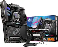 The image features a computer system with a motherboard, a CPU, and a graphics card. The motherboard is an MSI X870E, and the CPU is an AMD Ryzen 9000. The graphics card is a NVIDIA GeForce RTX 3080. The system is designed for gaming and performance, with a carbon fiber design and a lightning bolt logo. The box also includes a power supply and a cooling fan. The image showcases the components of the computer system, highlighting the powerful and sleek design of the MSI X870E motherboard and the NVIDIA GeForce RTX 3080 graphics card.