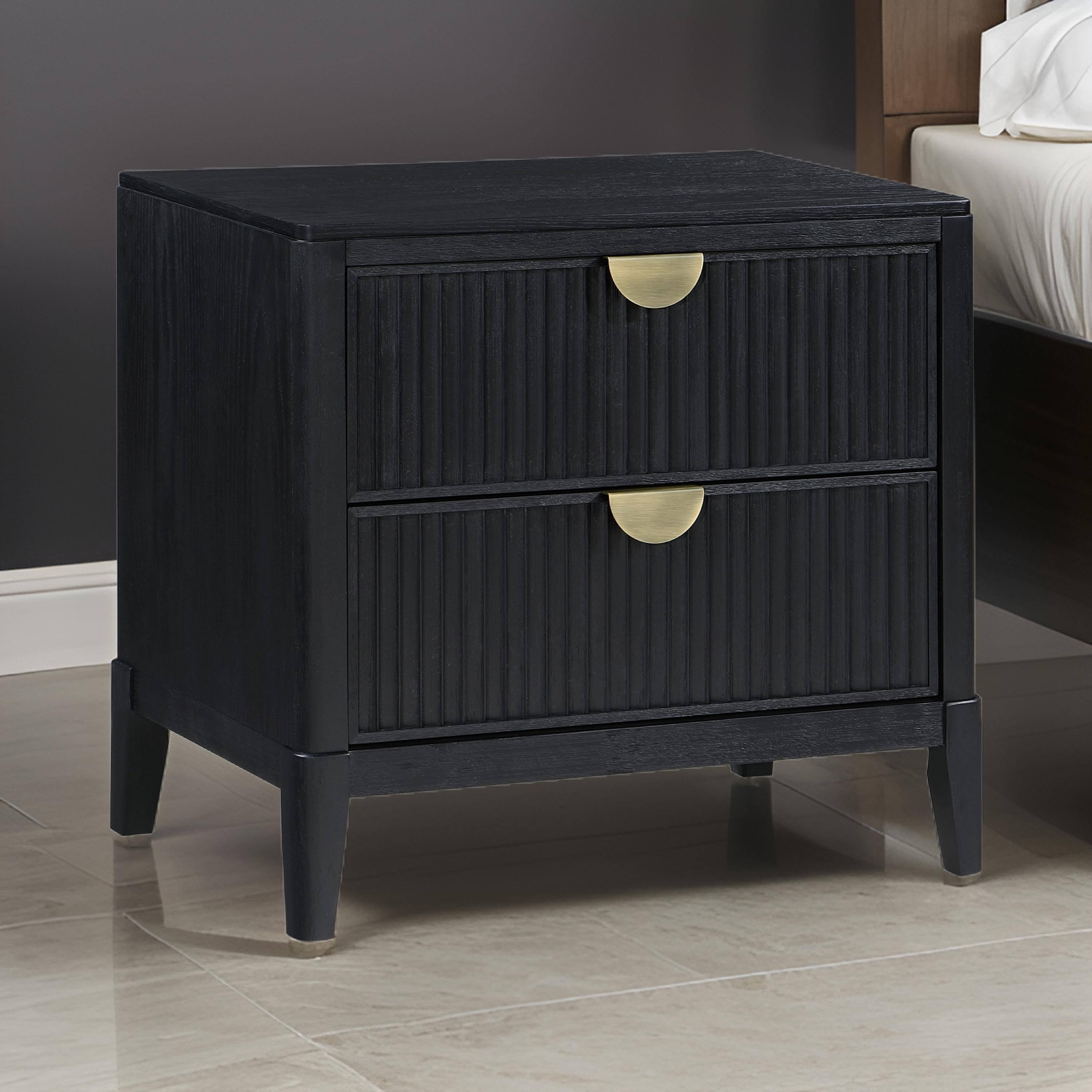 Alt View 2. Manhattan Lane - Jack Nightstand, 2 Drawers,  Metal Handles, Wire Brushed  Wood - Black, Gold.