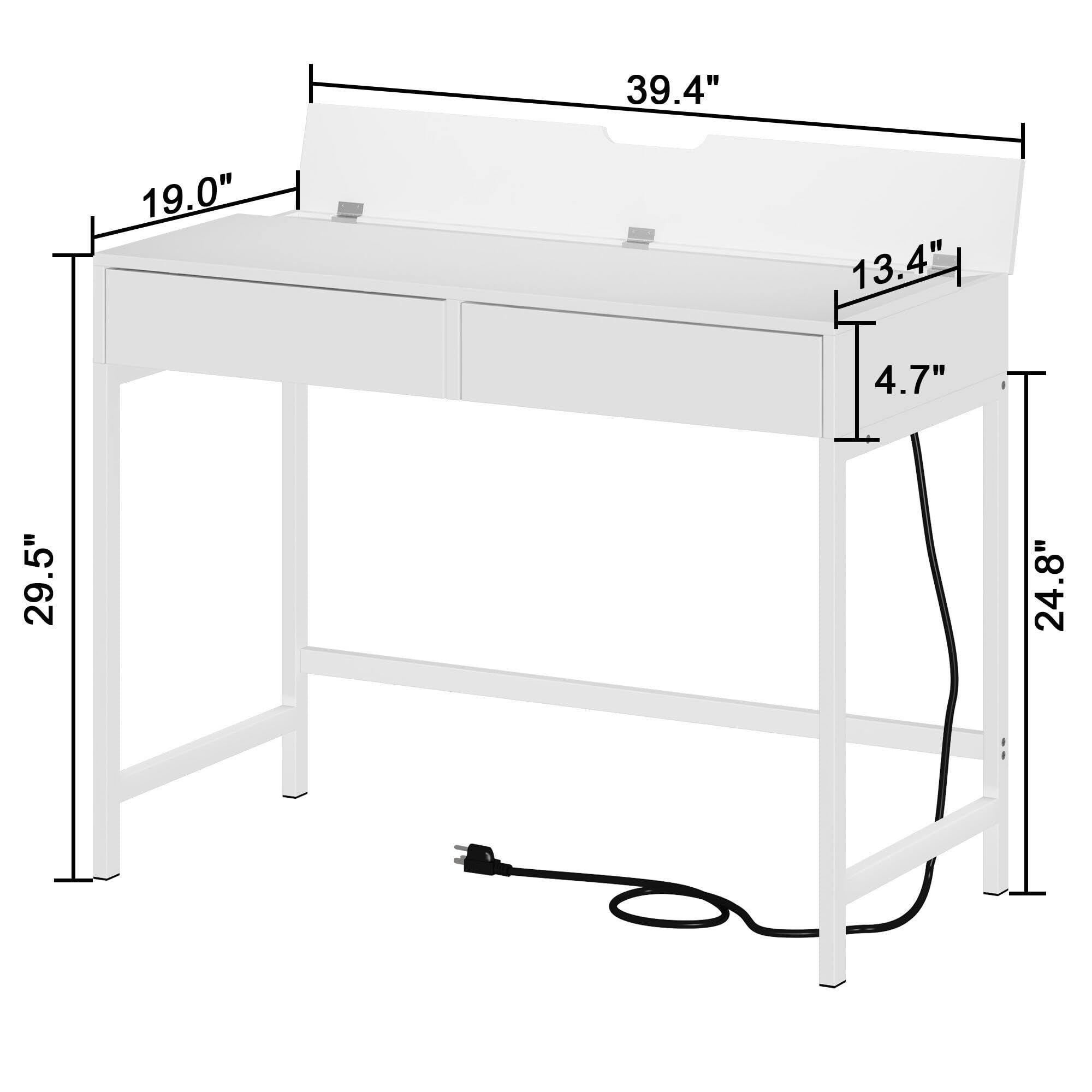 39.4" (width)  
19.0" (depth)  
29.5" (height)  
13.4" (front drawer width)  
4.7" (front drawer height)  
24.8" (side shelf height)