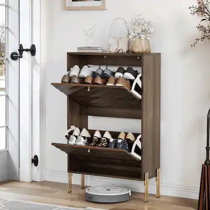 Front. Kadyn - 23.6 Inch Walnut shoe cabinet, Mid-century modern freestanding shoe cabinet for entry, Hallway And Entryway - Brown.