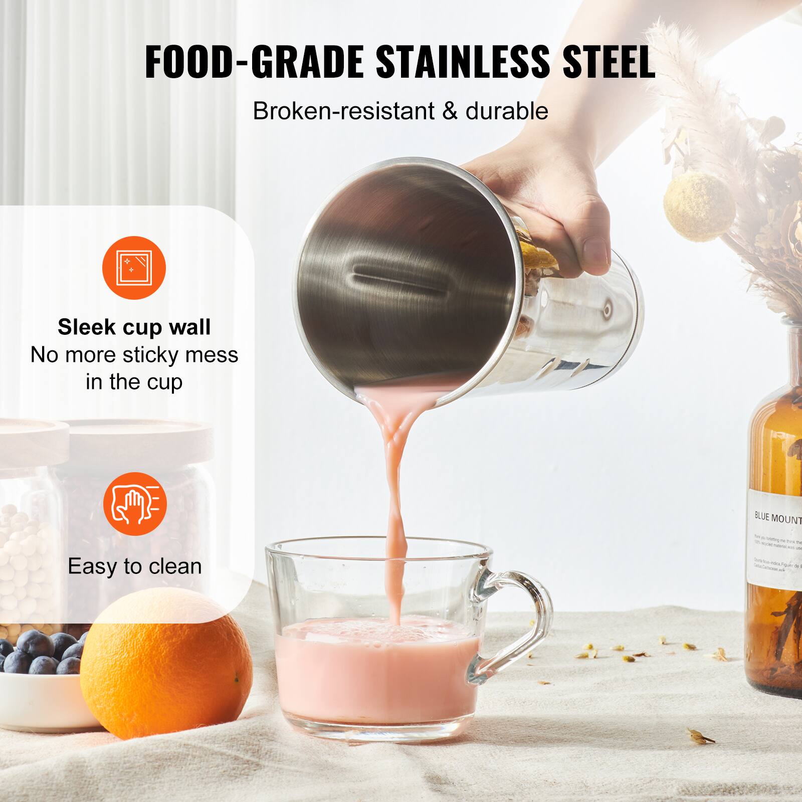 FOOD-GRADE STAINLESS STEEL  
Broken-resistant & durable  

Sleek cup wall  
No more sticky mess in the cup  

Easy to clean  

BLUE MOUNT