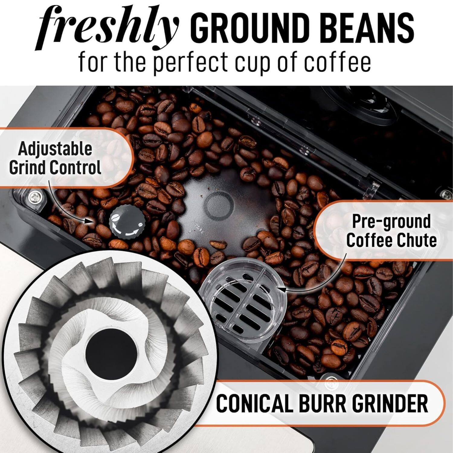 freshly GROUND BEANS for the perfect cup of coffee

Adjustable Grind Control
Pre-ground Coffee Chute
CONICAL BURR GRINDER