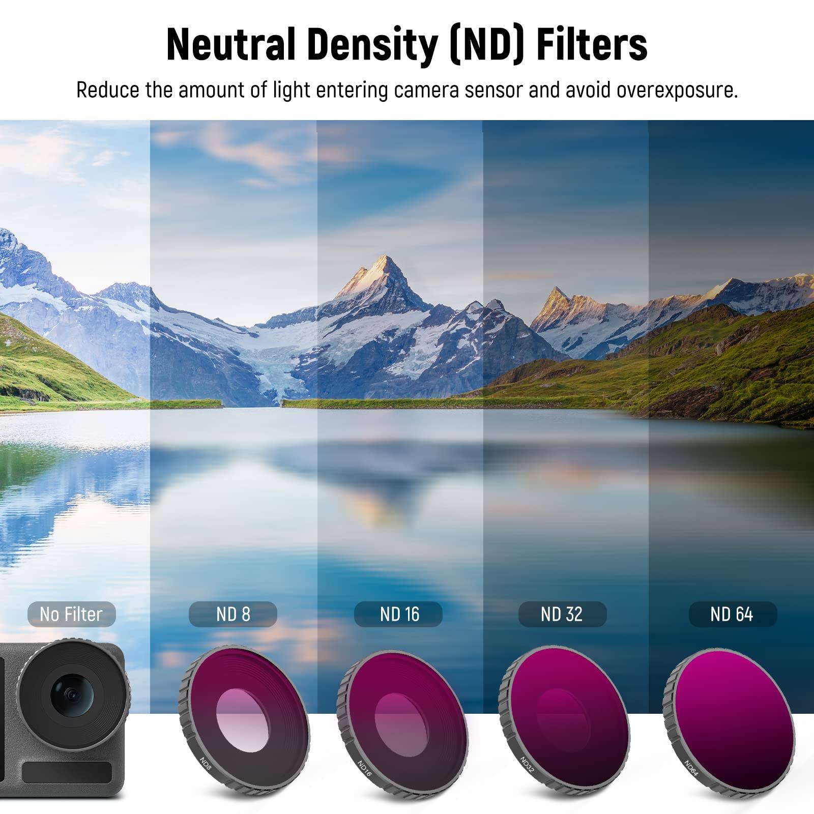 Neutral Density (ND) Filters  
Reduce the amount of light entering camera sensor and avoid overexposure.

No Filter  
ND 8  
ND 16  
ND 32  
ND 64