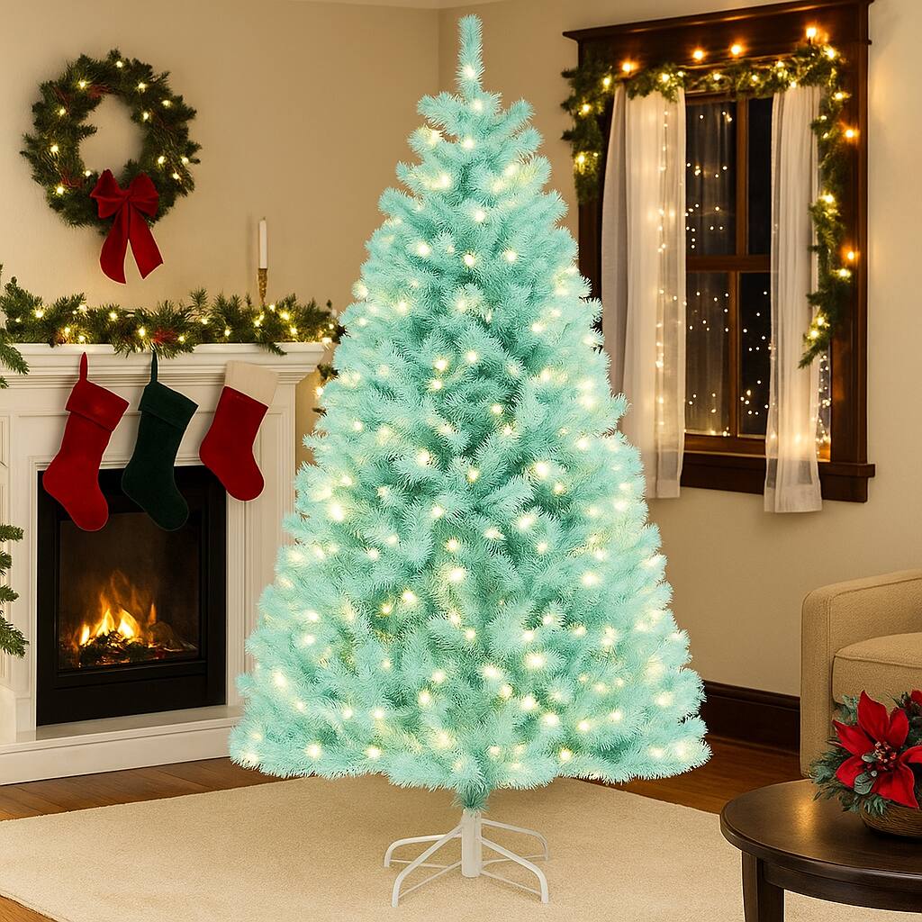 Angle. BreeBe - Artificial Blue Tree with Warm LED Lights – 6ft or 7ft with Metal Base - Blue.