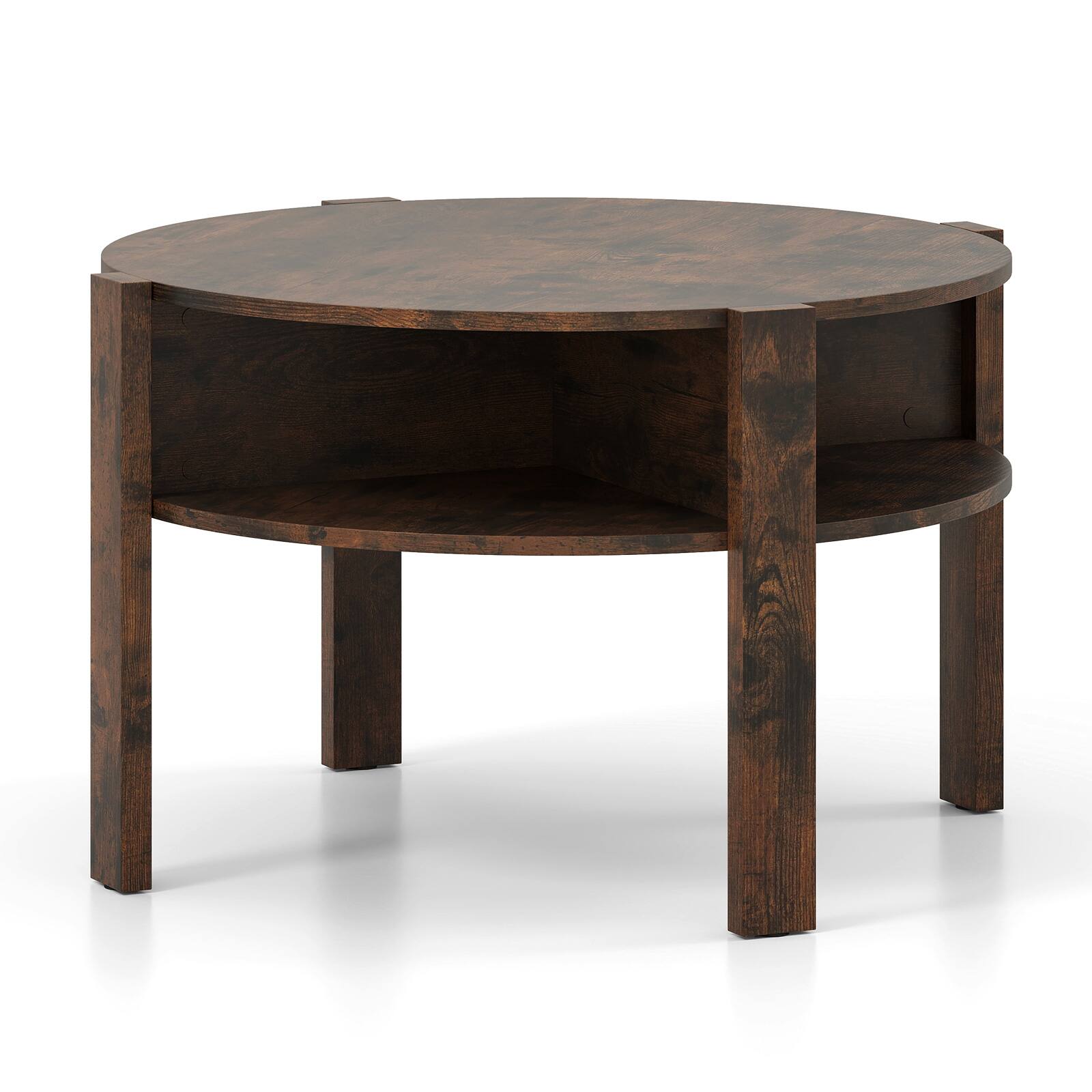 Alt View 9. Gymax - Gymax 29.5'' 2-Tier Round Coffee Table w/ Storage 4 Shelves Faux Wooden Top - Rustic Brown.