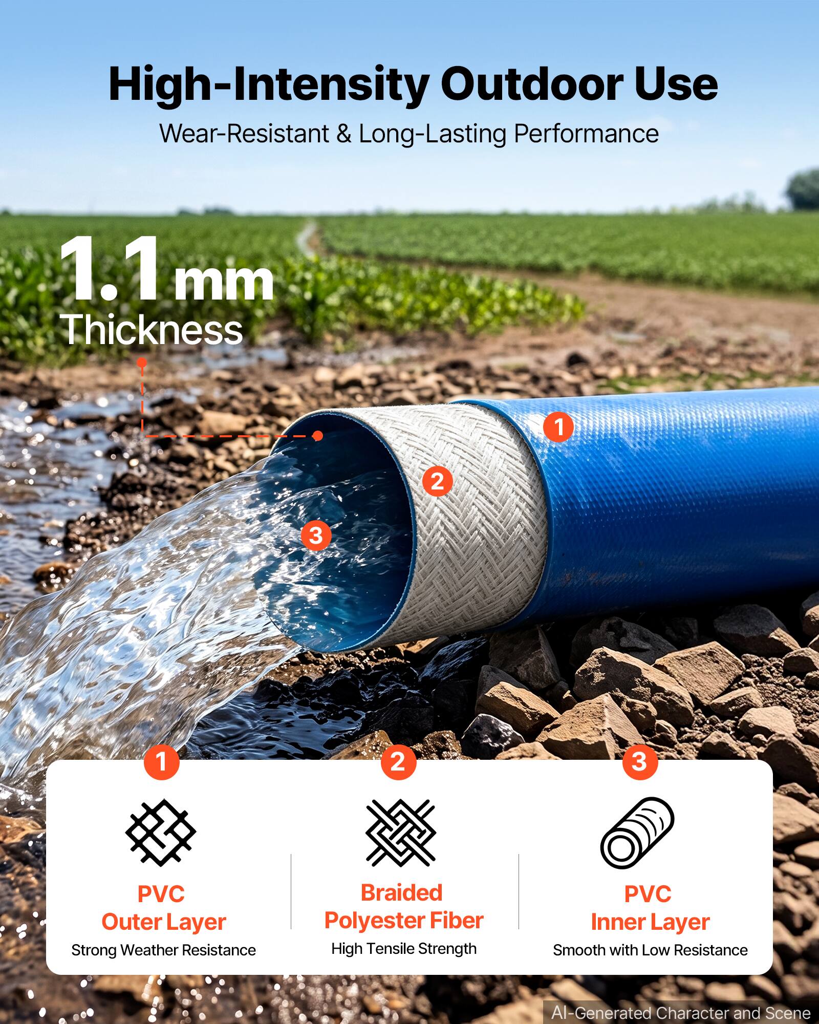 High-Intensity Outdoor Use  
Wear-Resistant & Long-Lasting Performance

1.1 mm Thickness

1. PVC Outer Layer  
   Strong Weather Resistance

2. Braided Polyester Fiber  
   High Tensile Strength

3. PVC Inner Layer  
   Smooth with Low Resistance