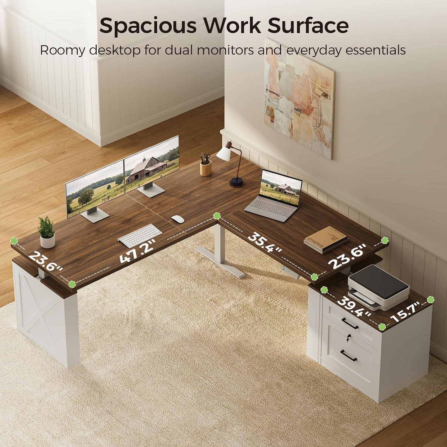 Spacious Work Surface  
Roomy desktop for dual monitors and everyday essentials  

23.6"  
47.2"  
35.4"  
INTERNAL 23.6" 39.4" 15.7"