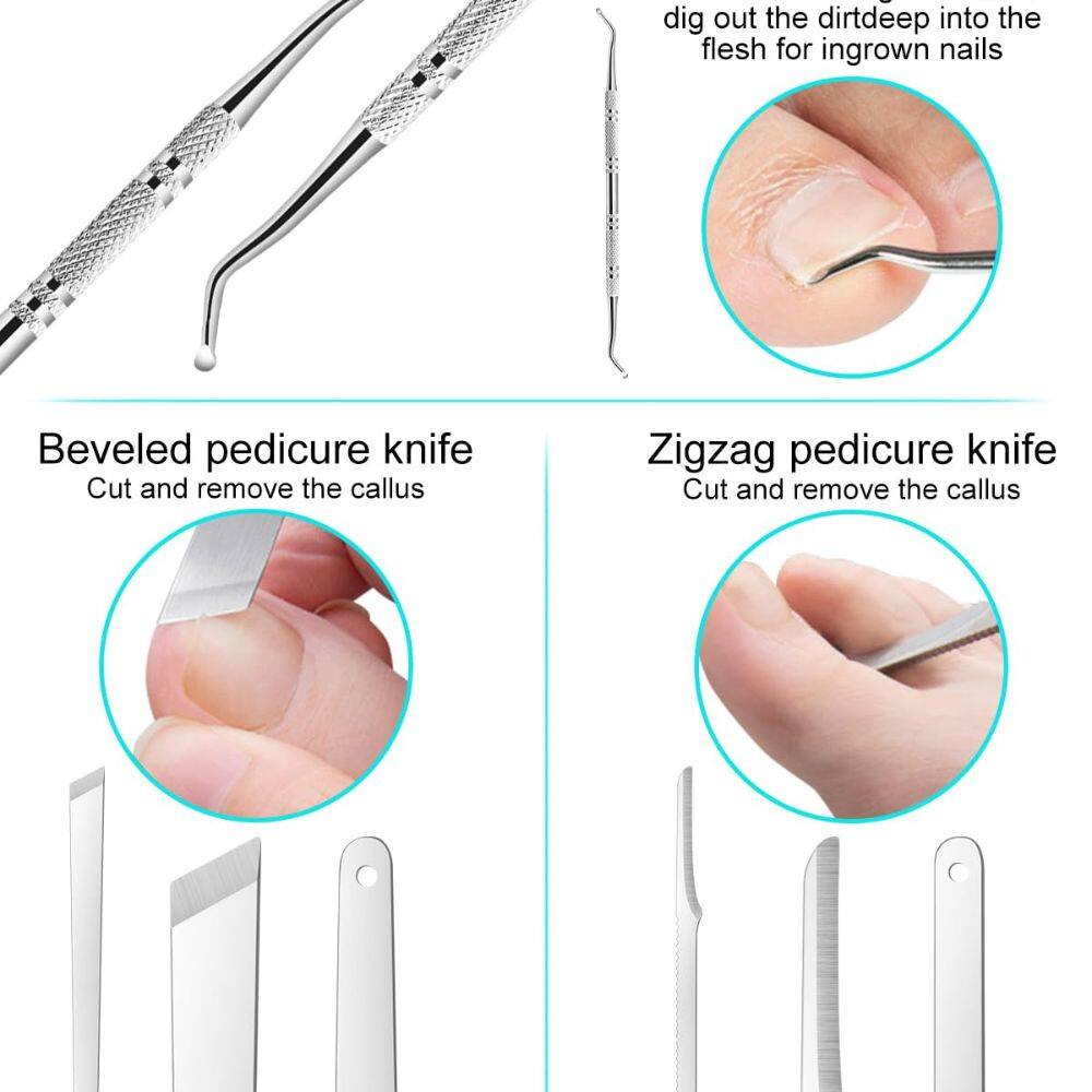 - Beveled pedicure knife
  - Cut and remove the callus

- Zigzag pedicure knife
  - Cut and remove the callus

- dig out the dirt deep into the flesh for ingrown nails