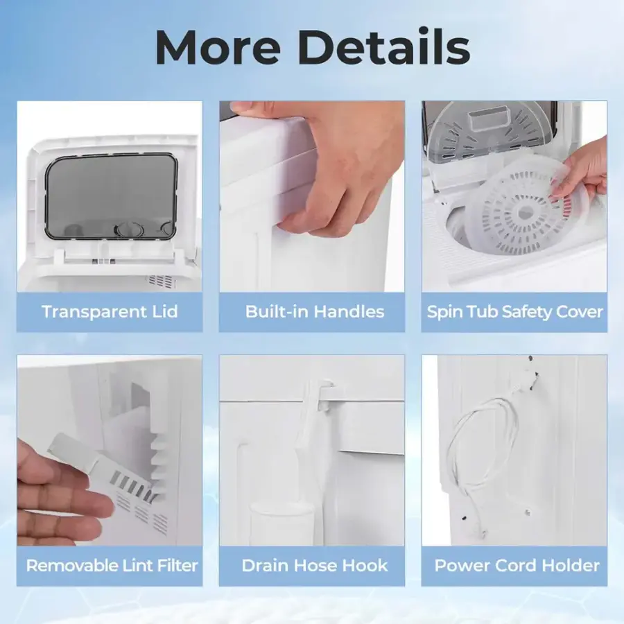 More Details:

1. Transparent Lid
2. Built-in Handles
3. Spin Tub Safety Cover
4. Removable Lint Filter
5. Drain Hose Hook
6. Power Cord Holder