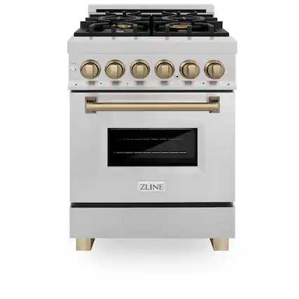 Front. ZLINE - ZLINE Autograph 24 in. Legacy Dual Fuel Range in Satin Steel & Bronze Accens (RASZ-SN-24-CB) - Satin Stainless Steel.