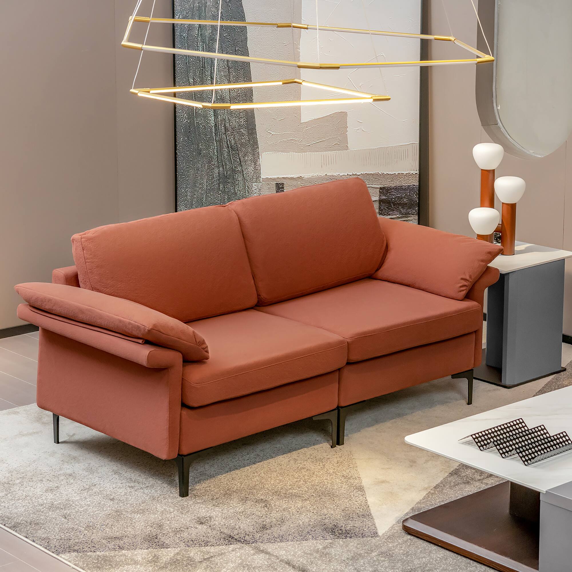 Alt View 2. Costway - Costway Modern Loveseat Fabric 2-Seat Sofa Couch for Small Space w/ Metal Legs - Rust Red.