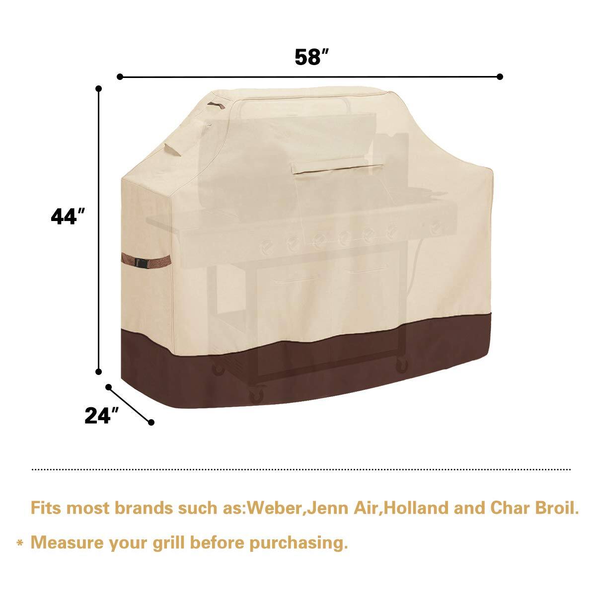 58"  
44"  
24"  

Fits most brands such as: Weber, Jenn Air, Holland and Char Broil.  
* Measure your grill before purchasing.