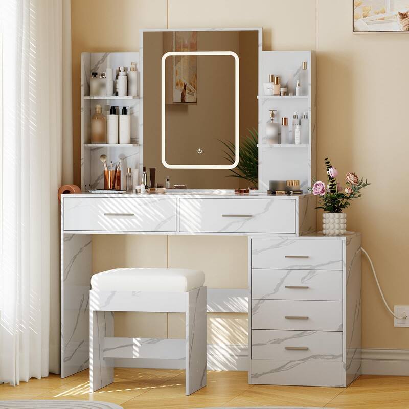Left. GARVEE - Vanity Desk with Mirror and Lights, Stool, LED Mirror, 6 Drawers, 4 Shelves, 3-Color Lighting, Beauty Organizer - Marble White.