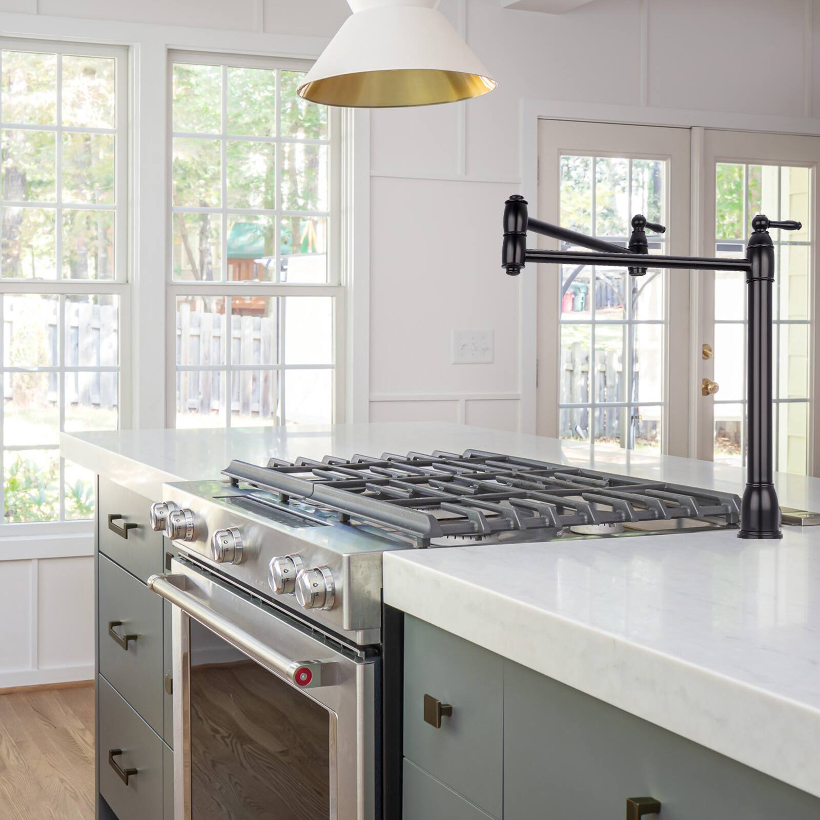 Alt View 6. Akicon - Akicon Solid Brass Deck-Mounted Pot Filler Kitchen Faucet with Dual Joint Swing Arms in Matte Black - Matte Black.