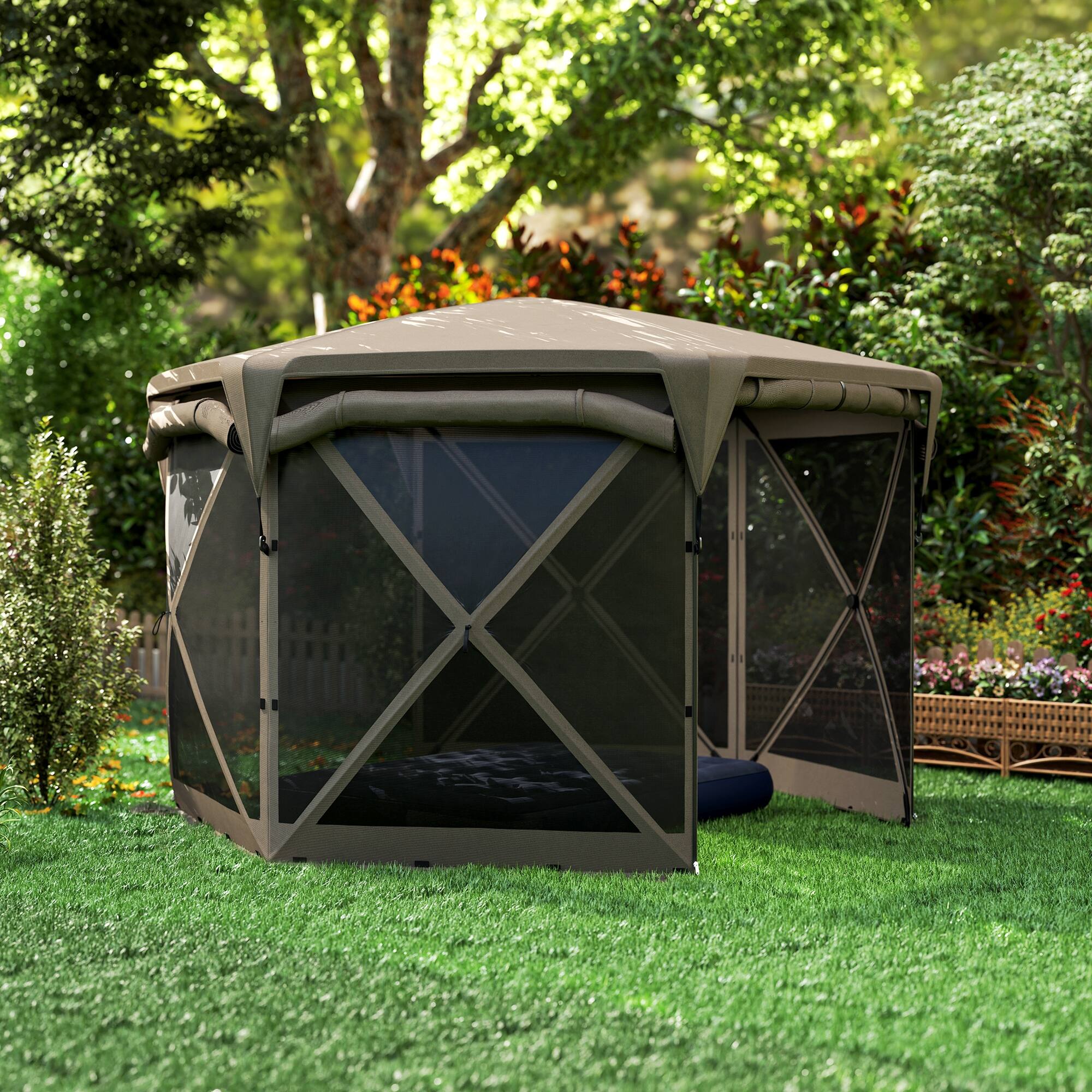 Alt View 4. Outsunny - Pop Up Gazebo Screen Tent House, 11 x 11ft with UPF30+ Removable Roof Cover, 4 Roll-up Wind Panels and Carry Bag - Brown.