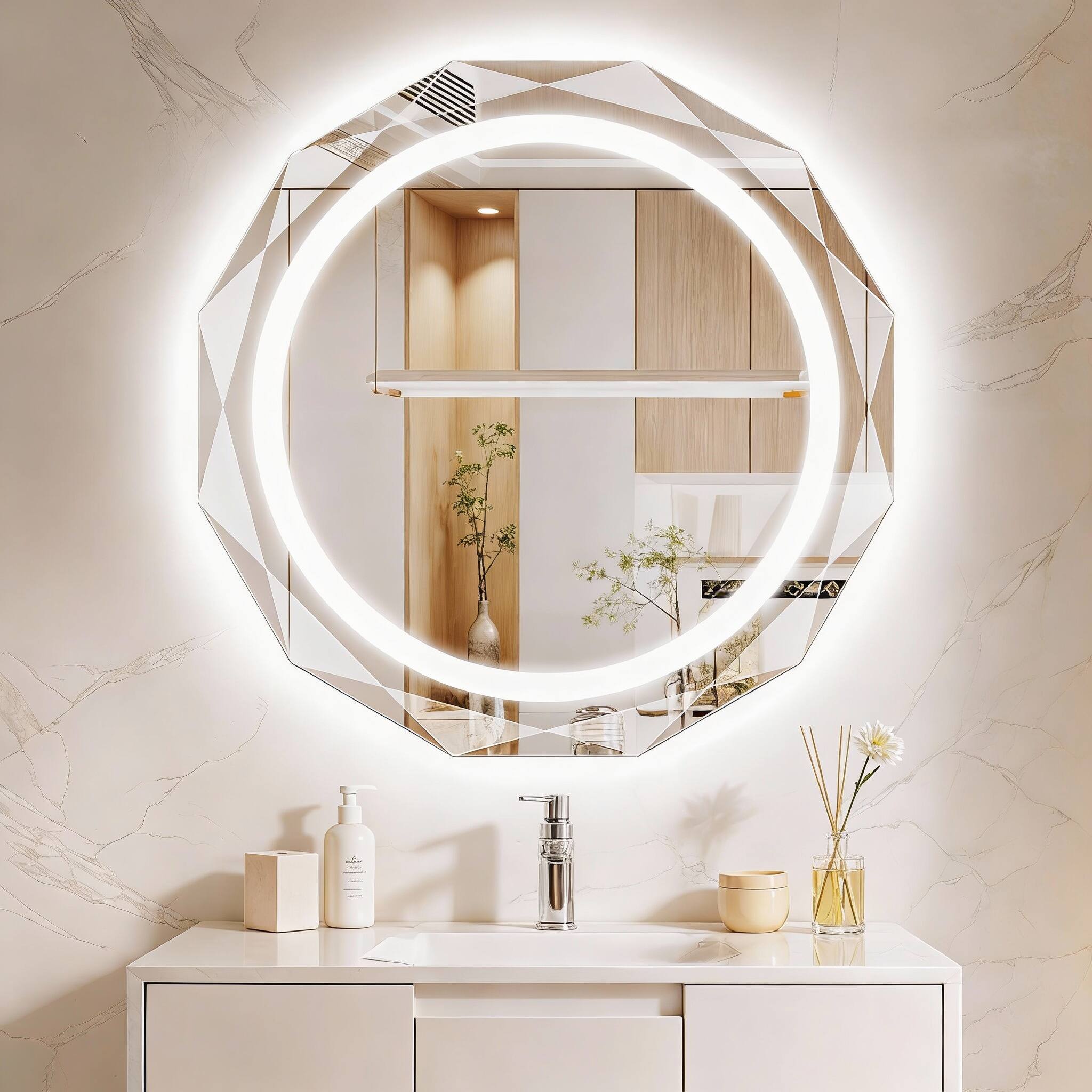 Front. OMOMMD - Round Led Bathroom Mirror With Lights Frameless Vanity For Beveled Edge Backlit Anti fog Dimmable Colors Me - Frameless 32"L x 32"W Round Style.