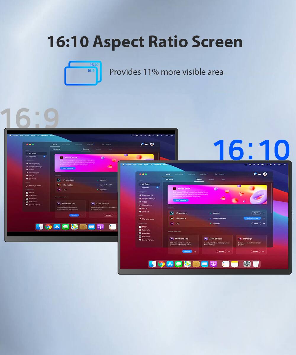 16:10 Aspect Ratio Screen  
Provides 11% more visible area  

16:9