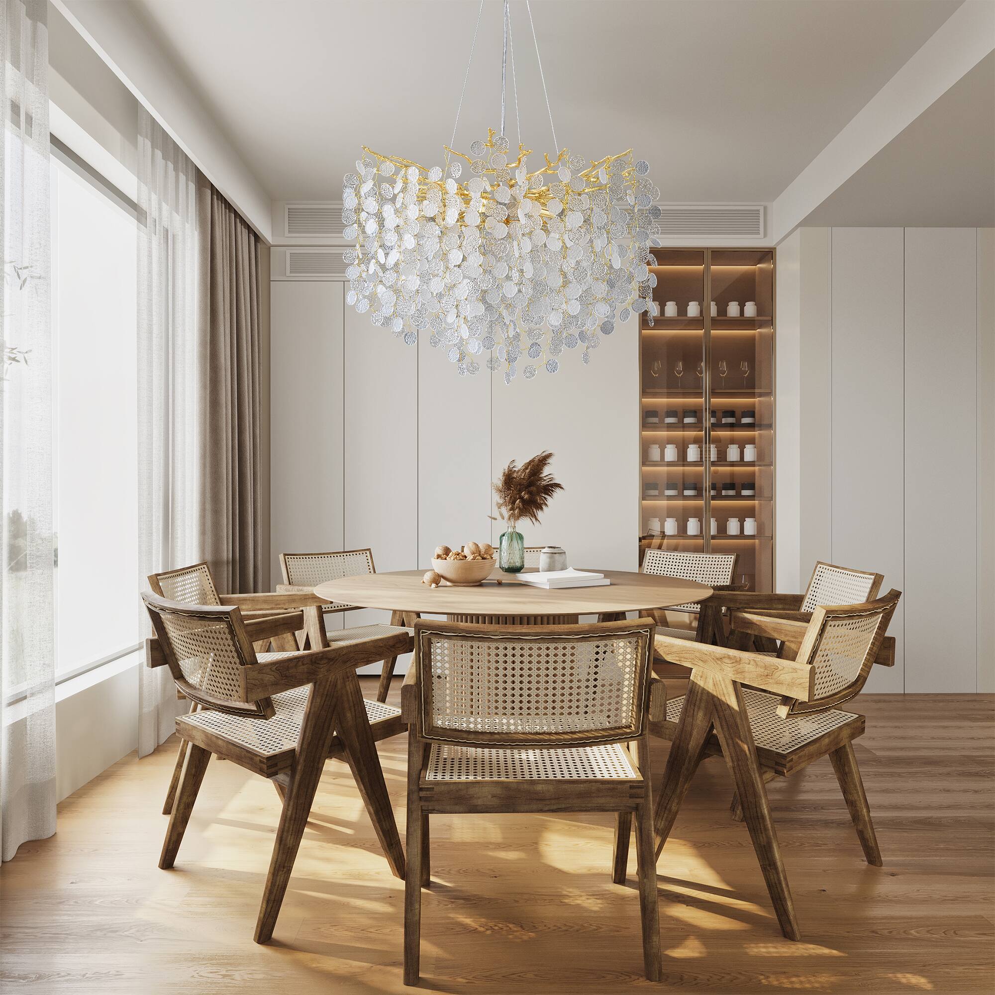 Angle. RYHNUYNE - Modern Gold Tree Branch Chandelier with Snowflake Accents 8-Light Adjustable Pendant Light for Dining Room and Entryway.