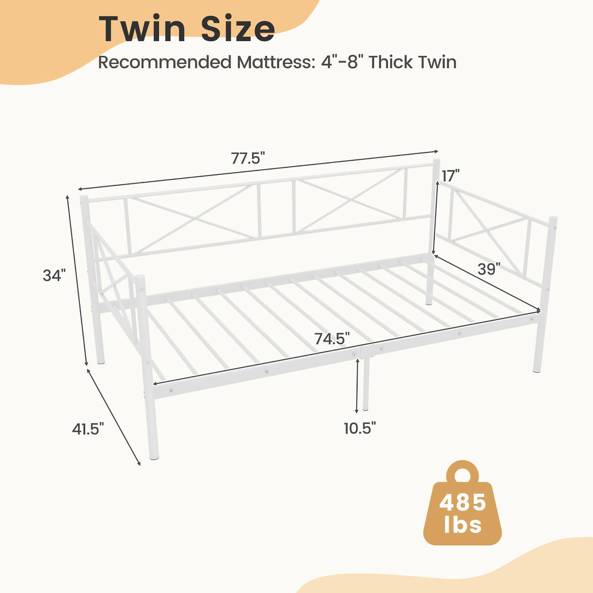 Twin Size  
Recommended Mattress: 4"-8" Thick Twin  

77.5"  
34"  
41.5"  
17"  
39"  
74.5"  
10.5"  
485 lbs