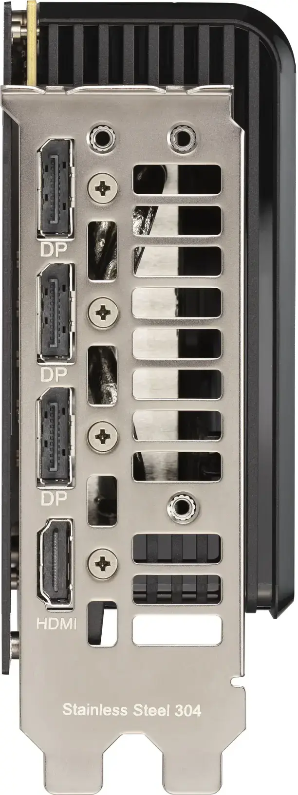 The text on the image reads: "COADGOSSR DP a00000 DP + + + DP HDMI Stainless Steel 304". This text appears to be a description of the device, which is a stainless steel 304 HDMI DP switch. The switch has multiple ports, including DP, HDMI, and USB, allowing for the connection of various devices.