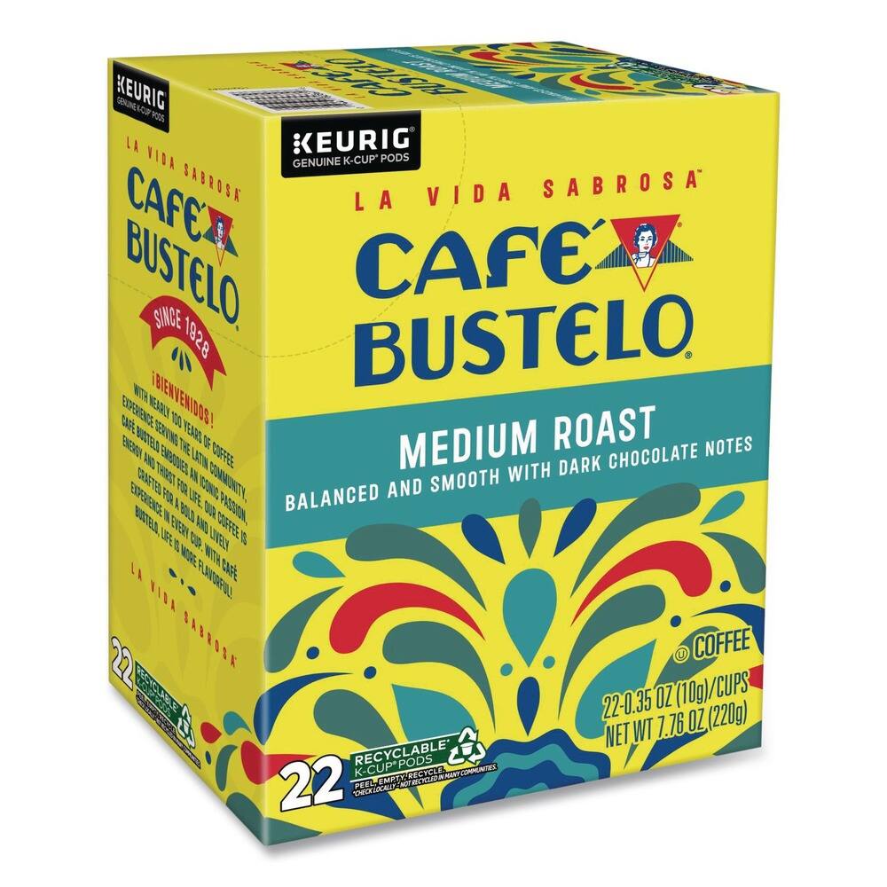 KEURIG  
LA VIDA SABROSA  
CAFE BUSTELO  
SINCE 1928  

GENUINE K-CUP PODS  

MEDIUM ROAST  
BALANCED AND SMOOTH WITH DARK CHOCOLATE NOTES  

BIENVENIDOS!  
EXPERIENCE NEARLY 100 YEARS OF CAFÉ BUSTELO.  
EXPERIENCE A LIFE OF PASSION, BALANCE, AND FLAVOR.  
CAFE BUSTELO IS CRAFTED FOR LIFE.  
CAFE BUSTELO IS LIFE.  

22 K-CUP PODS  
22 - 0.35 OZ (10g)/CUPS  
NET WT 7.76 OZ (220g)  

RECYCLABLE K-CUP PODS  
PEEL, SNIFF, RECYCLE  

22