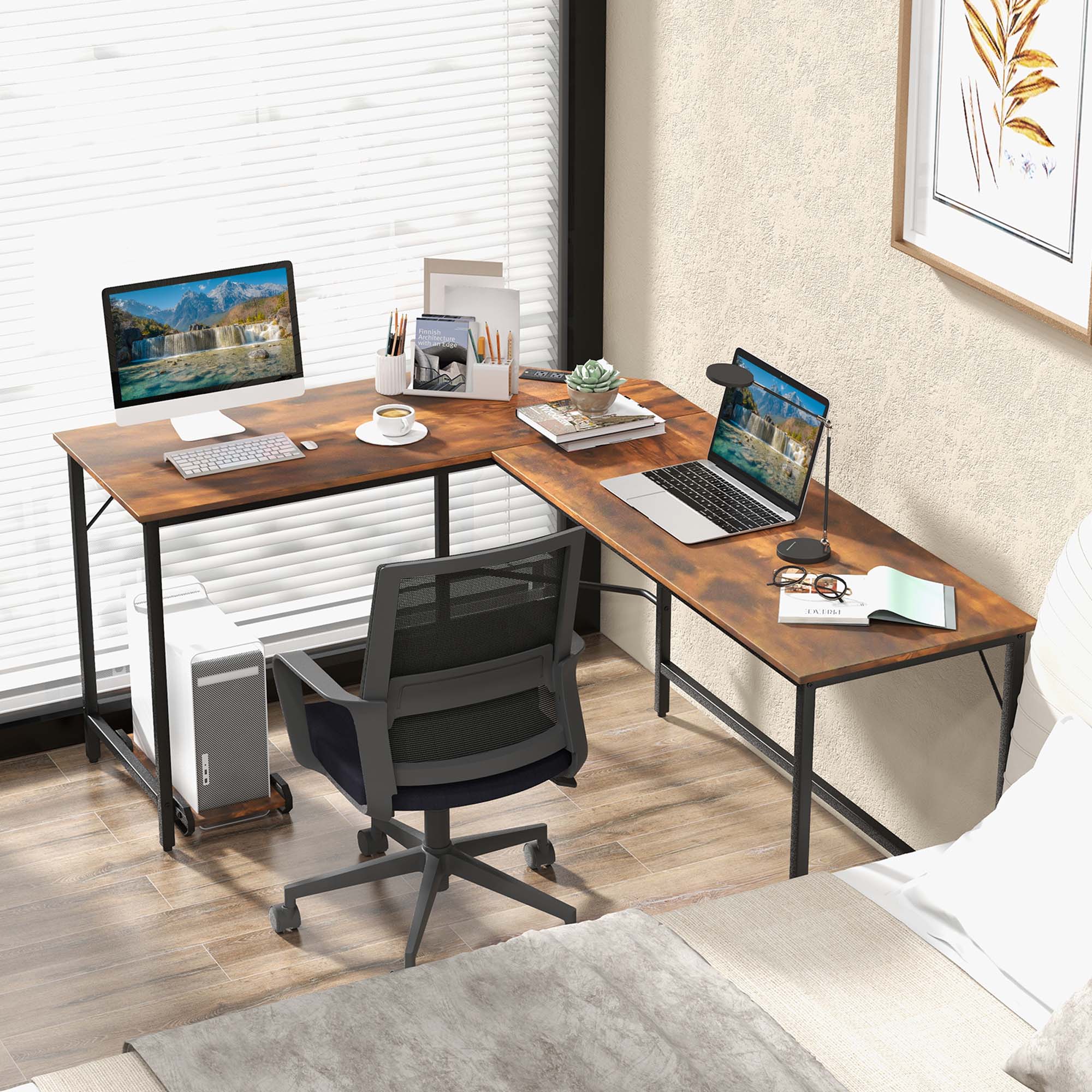 Alt View 13. Costway - L-Shaped Gaming Desk with Power Outlets - Rustic Brown.
