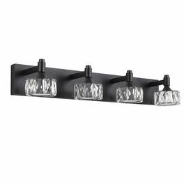 RYHNUYNE - Modern 4‑Light LED Vanity Light, Crystal Glass Shade Bathroom Wall Sconce, Contemporary Wall Mount Vanity Lighting - Black