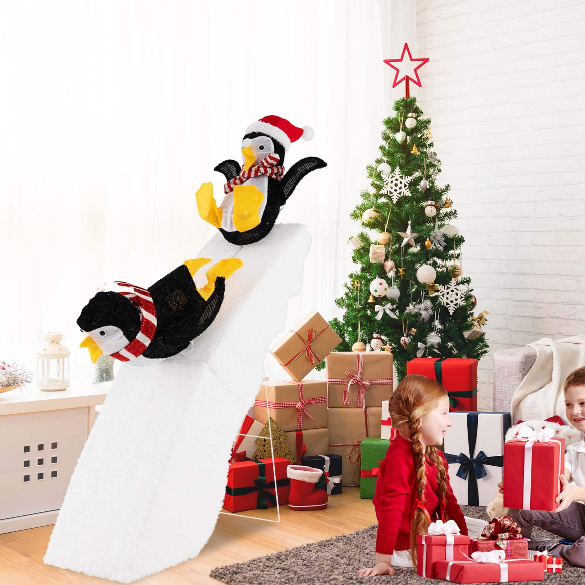 Costway 4FT PreLit Christmas Penguin Ice Skating Decoration with Snowy