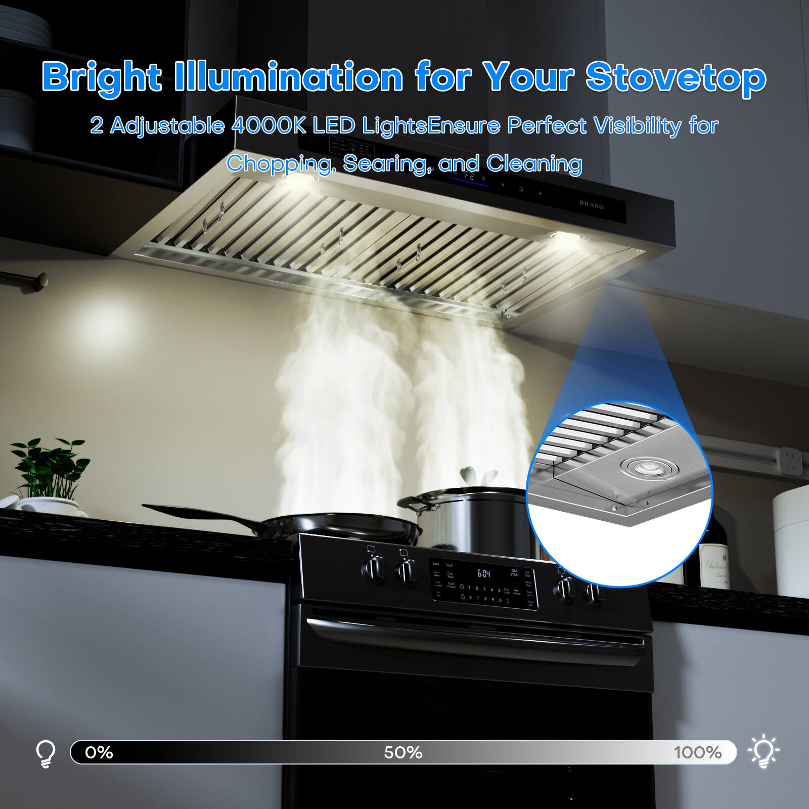 Bright Illumination for Your Stovetop  
2 Adjustable 4000K LED Lights Ensure Perfect Visibility for Chopping, Searing, and Cleaning  

BRAND  
F W CAP HOTZERSITY BAYEROS  

Chelmes Sode  

0% 50% 100%