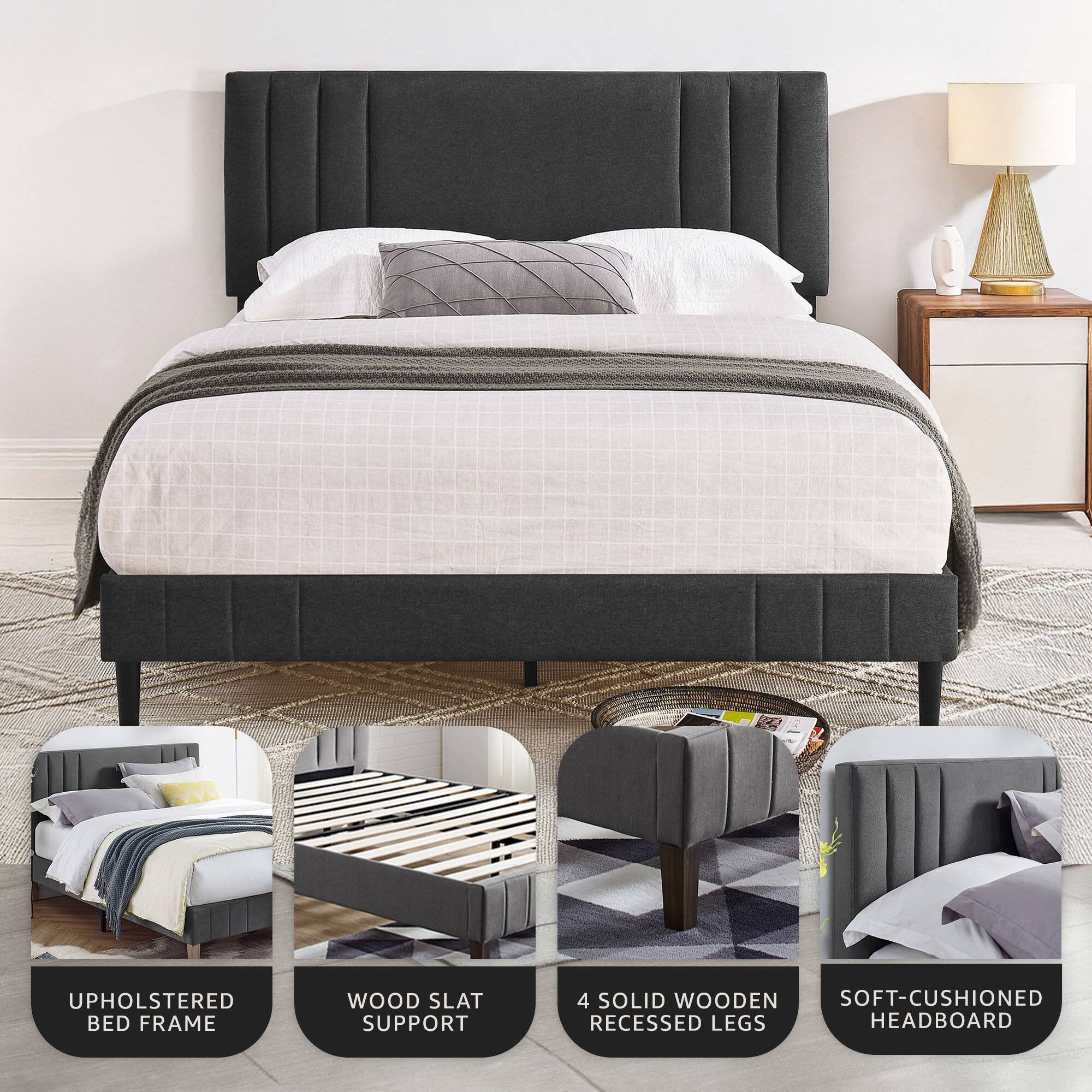 - Upholstered Bed Frame
- Wood Slat Support
- 4 Solid Wooden Recessed Legs
- Soft-Cushioned Headboard