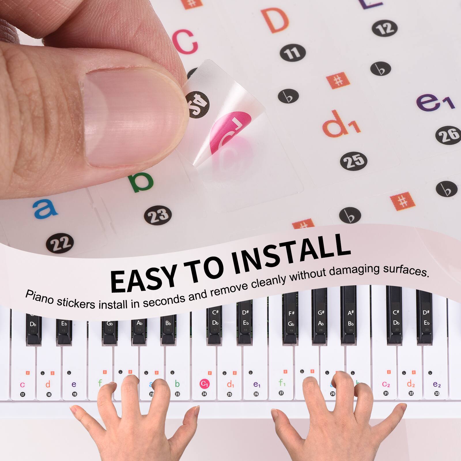 D 12 C 11 # b e1 24 d1 26 C 25 a a 23 # 22 INSTALL EASY TO INSTALL Piano stickers install in seconds and remove cleanly without damaging surfaces. Piano and remove stickers install in seconds C* D" F G A* C D* Do Eb 5 Be De E Go Ao Bo De E . - - - - - - . - +  - . M > d, , : L G2 - dz - e2 2