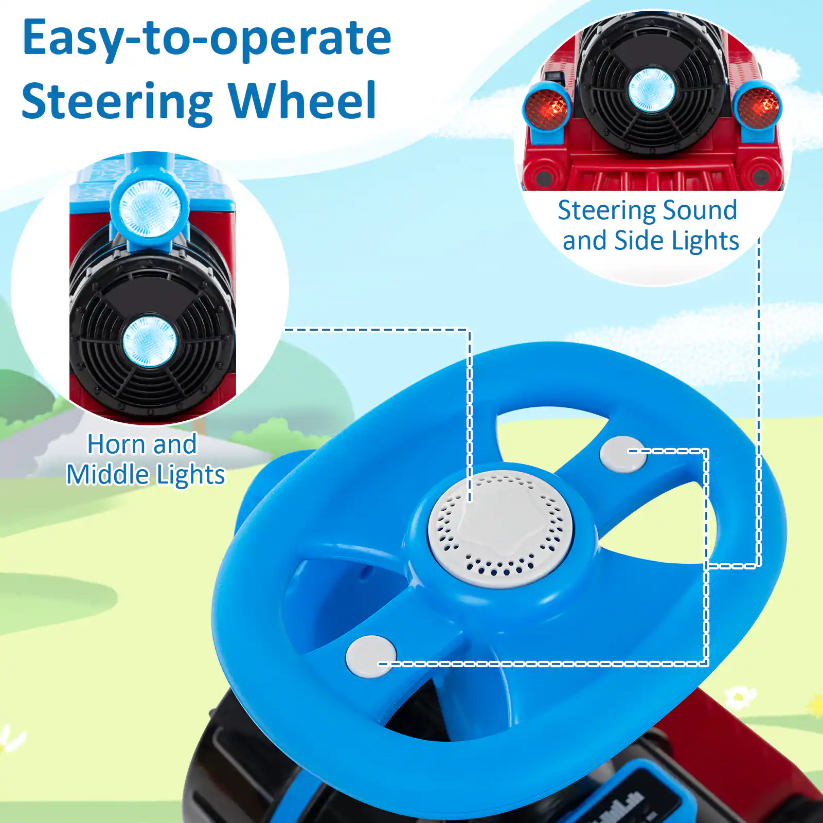 Easy-to-operate Steering Wheel

- Steering Sound and Side Lights
- Horn and Middle Lights