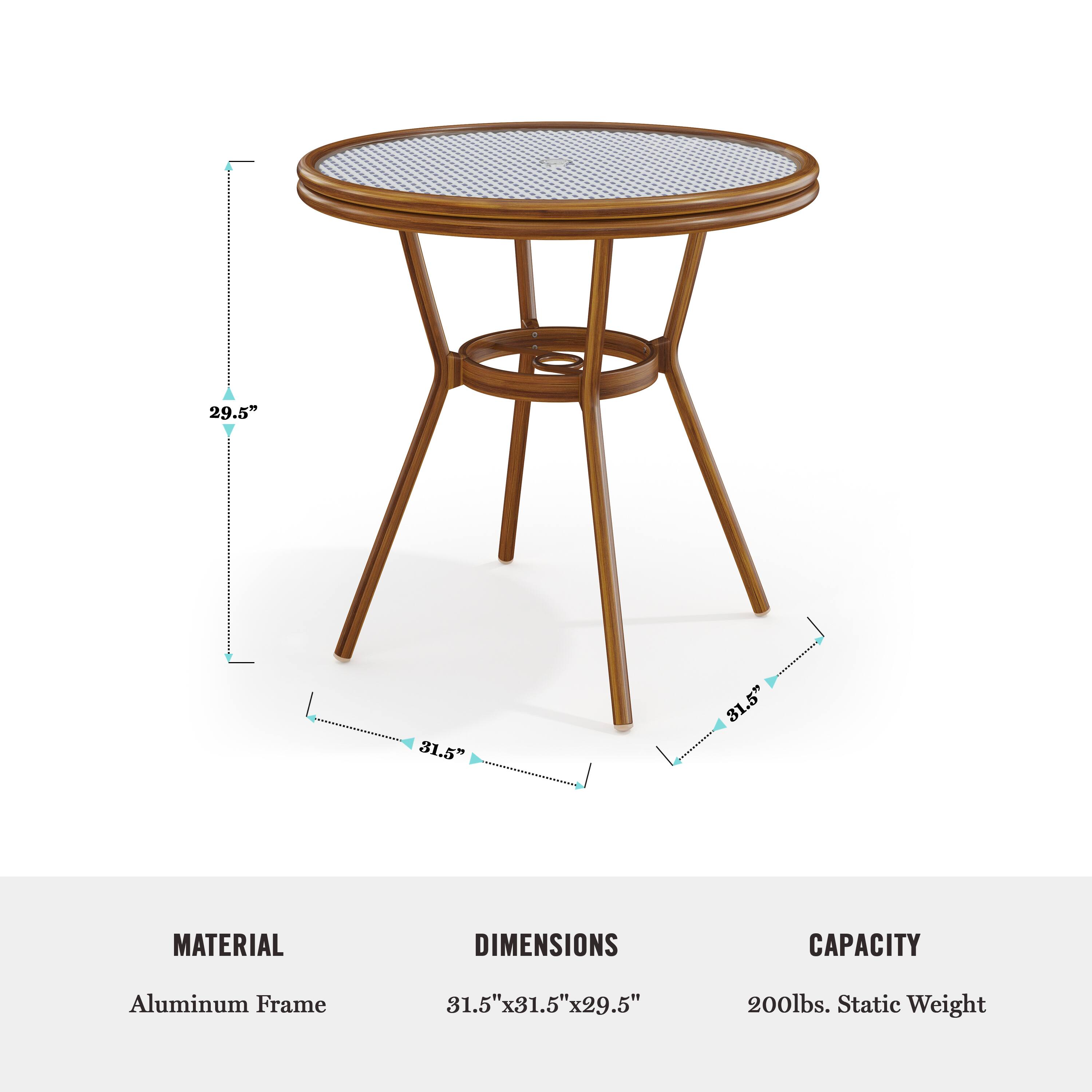 The text on the image reads:

Material: Aluminum Frame
Dimensions: 31.5" 31.5" 31.5"
Capacity: 200lbs. Static Weight