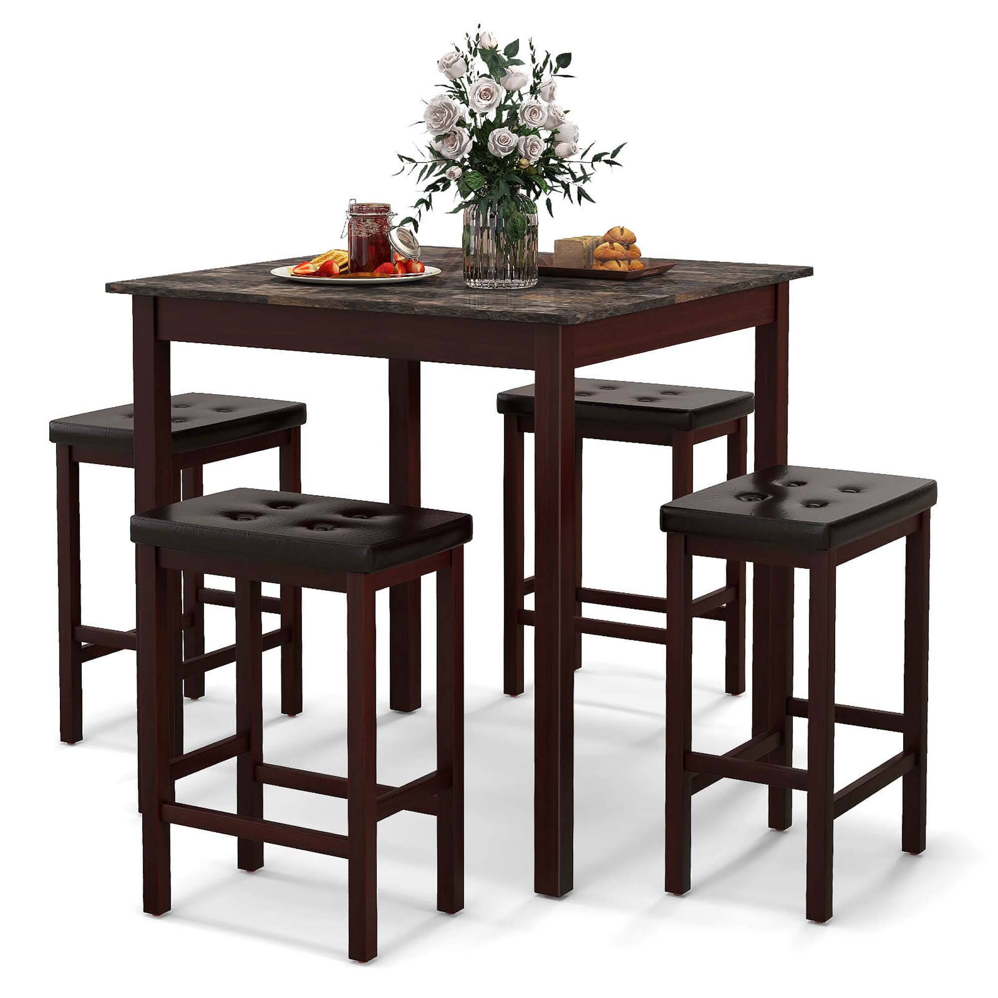 Alt View 1. Costway - 5 PCS Bar Table Set Square Dining Table & 4 PVC Leather Upholstered Bar Stools - Brown.