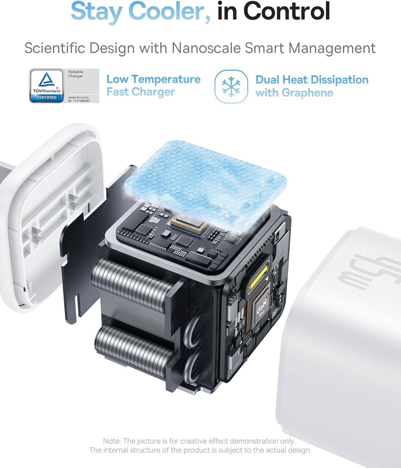 Stay Cooler, in Control Scientific Design with Nanoscale Smart Management Reliable Charger. TVRheinland CERTIFIED - rV.cm E CRieBSErI Low Temperature Fast Charger Dual Heat Dissipation with Graphene BaN 4u Note: The picture is for creative effect demonstration only. The internal structure of the product is subject to the actual design.