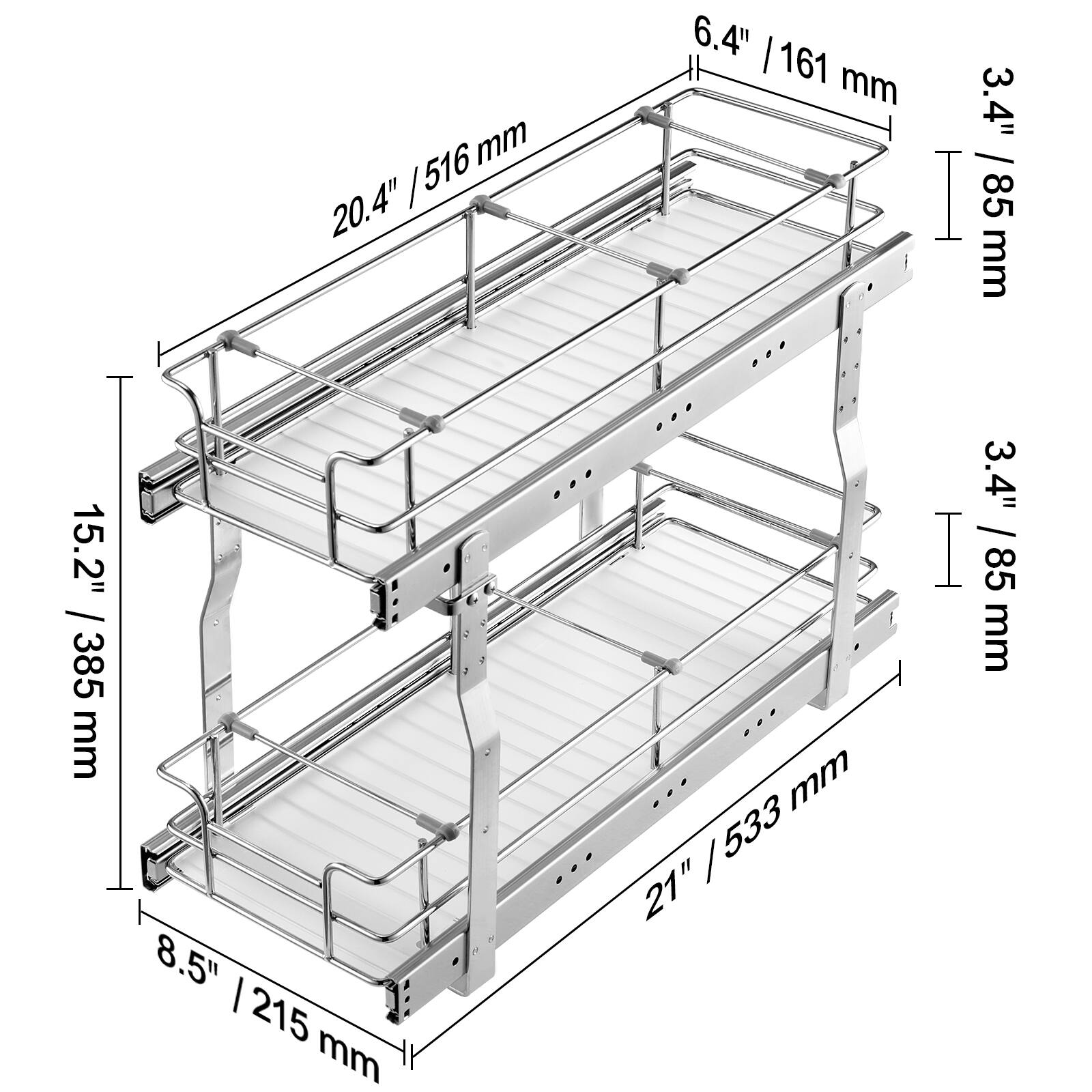 Here is the corrected and grouped text from the image:

- 516 mm / 20.4"
- 6.4" / 161 mm
- 85 mm / 3.4"
- 385 mm / 8.5"
- 215 mm / 8.5"
- 533 mm / 21"
- 85 mm / 3.4"