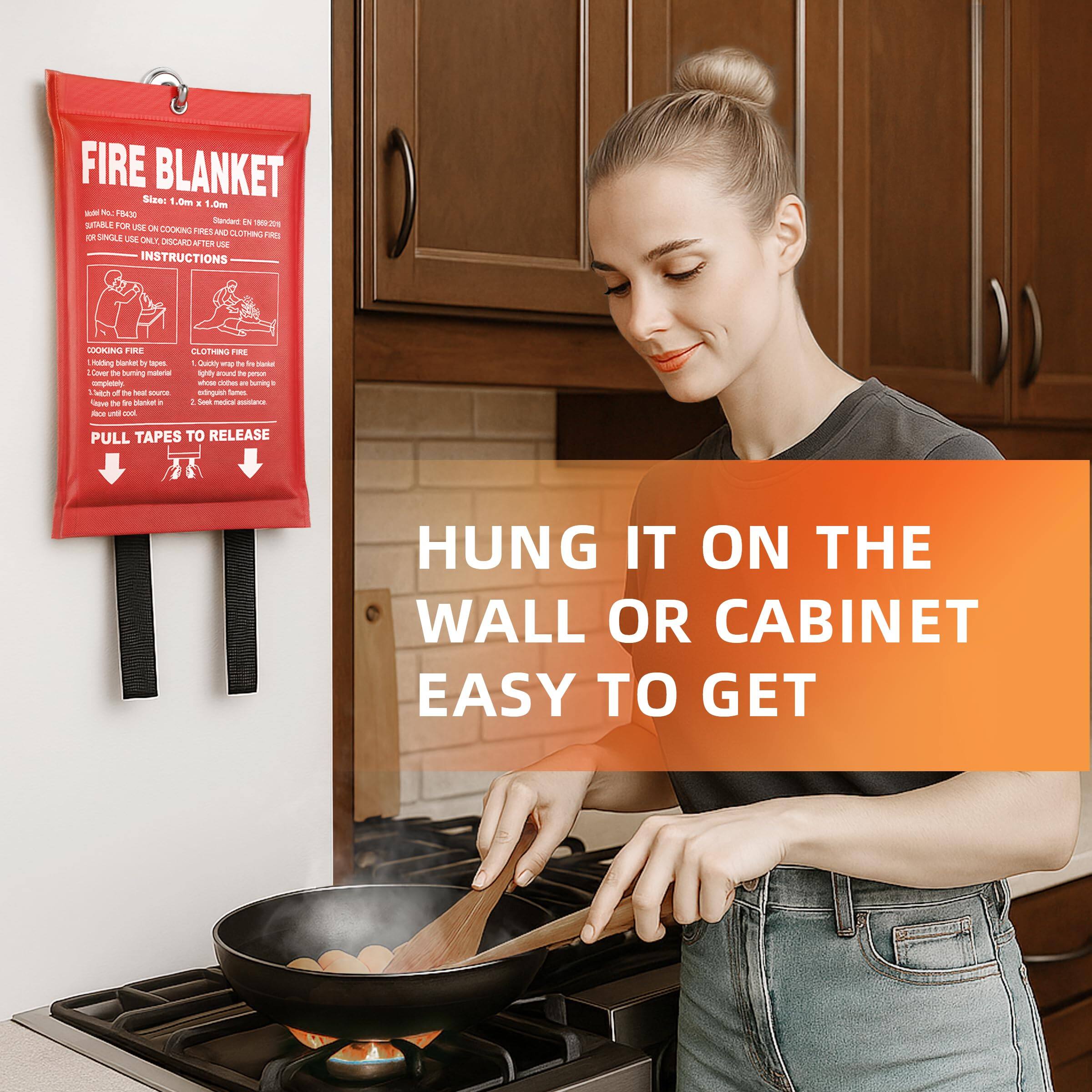 FIRE BLANKET  
Size: 1.0m x 1.0m  
Item No: F4320  
SUITABLE FOR USE ON COOKING FIRES AND CLOTHING FIRES  
FOR SINGLE USE ONLY. DISCARD AFTER USE  

INSTRUCTIONS  
COOKING FIRE  
1. Unfold the Fire Blanket.  
2. Quickly wrap the blanket around the fire.  
3. Cover the fire completely.  
4. Leave until cool.  

CLOTHING FIRE  
1. Unfold the Fire Blanket.  
2. Quickly wrap the blanket around the fire.  
3. Cover the fire completely.  
4. Leave until cool.  

PULL TAPES TO RELEASE  

HUNG IT ON THE WALL OR CABINET EASY TO GET