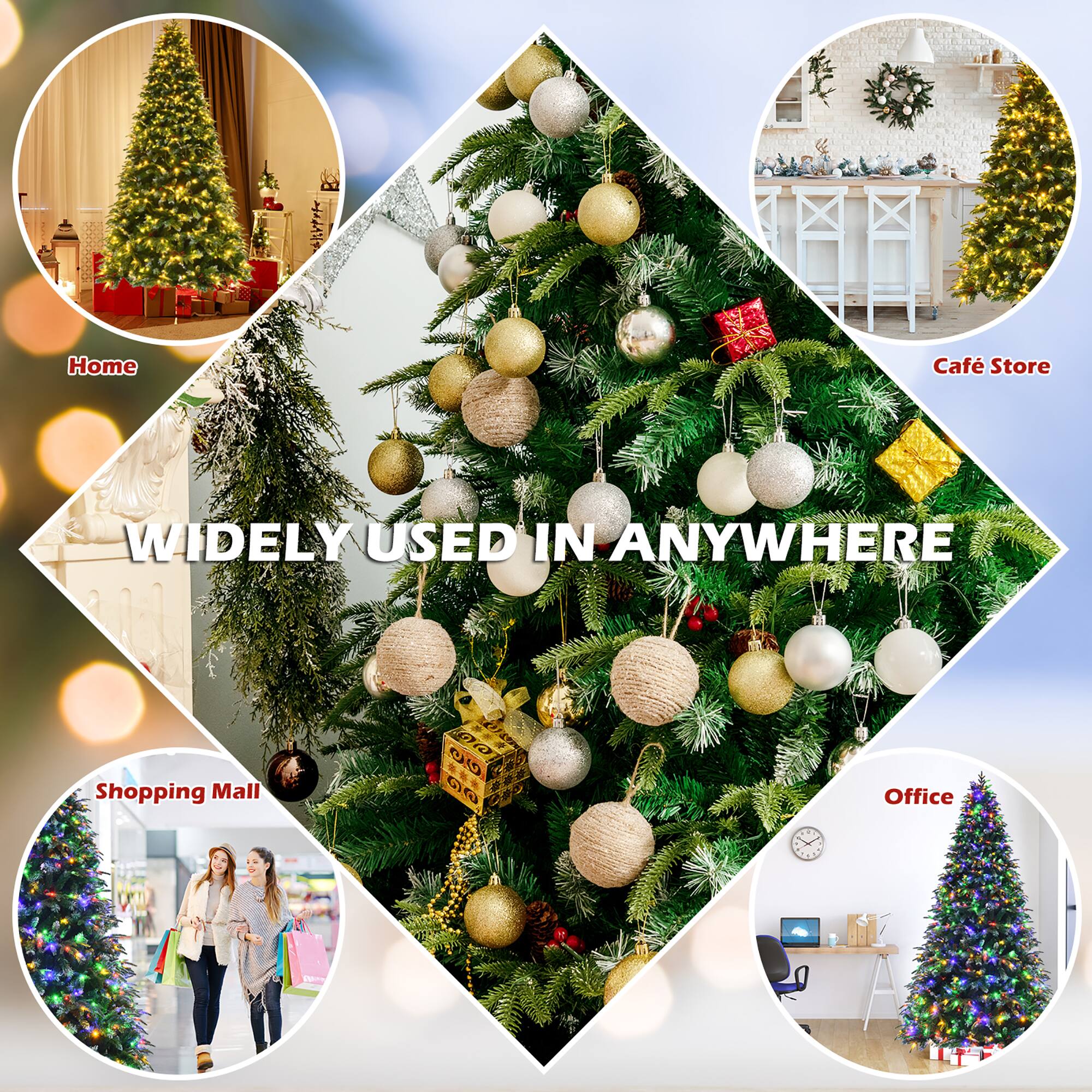 The text on the image is grouped as follows:

1. Home: The image shows a Christmas tree in a home setting, with a woman standing next to it.
2. Caf Store: The image shows a Christmas tree in a cafe or store setting, with a woman standing next to it.
3. Shopping Mall: The image shows a Christmas tree in a shopping mall setting, with a woman standing next to it.
4. Office: The image shows a Christmas tree in an office setting, with a woman standing next to it.

The text "WIDELY USED IN ANYWHERE" is not correct, as it does not accurately describe the context of the images. The text should be revised to accurately describe the context of the images, such as "Christmas trees in various settings, including a home, cafe or store, shopping mall, and office."