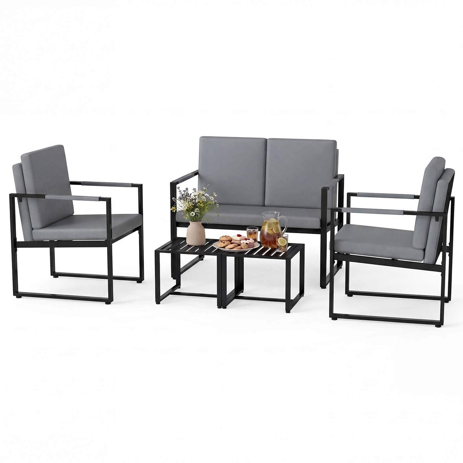 Costway - 5 PCS Living Room Set with Loveseat, 2 Accent Chairs, 2 Coffee Tables, Cushions - Gray + Black