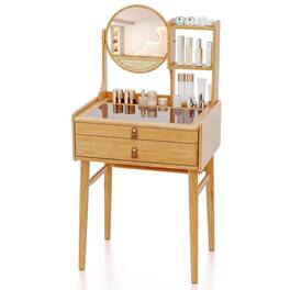 Costway - 23.5" Compact Makeup Table with 2 Drawers Open Storage Shelves and Glass Top - Natural