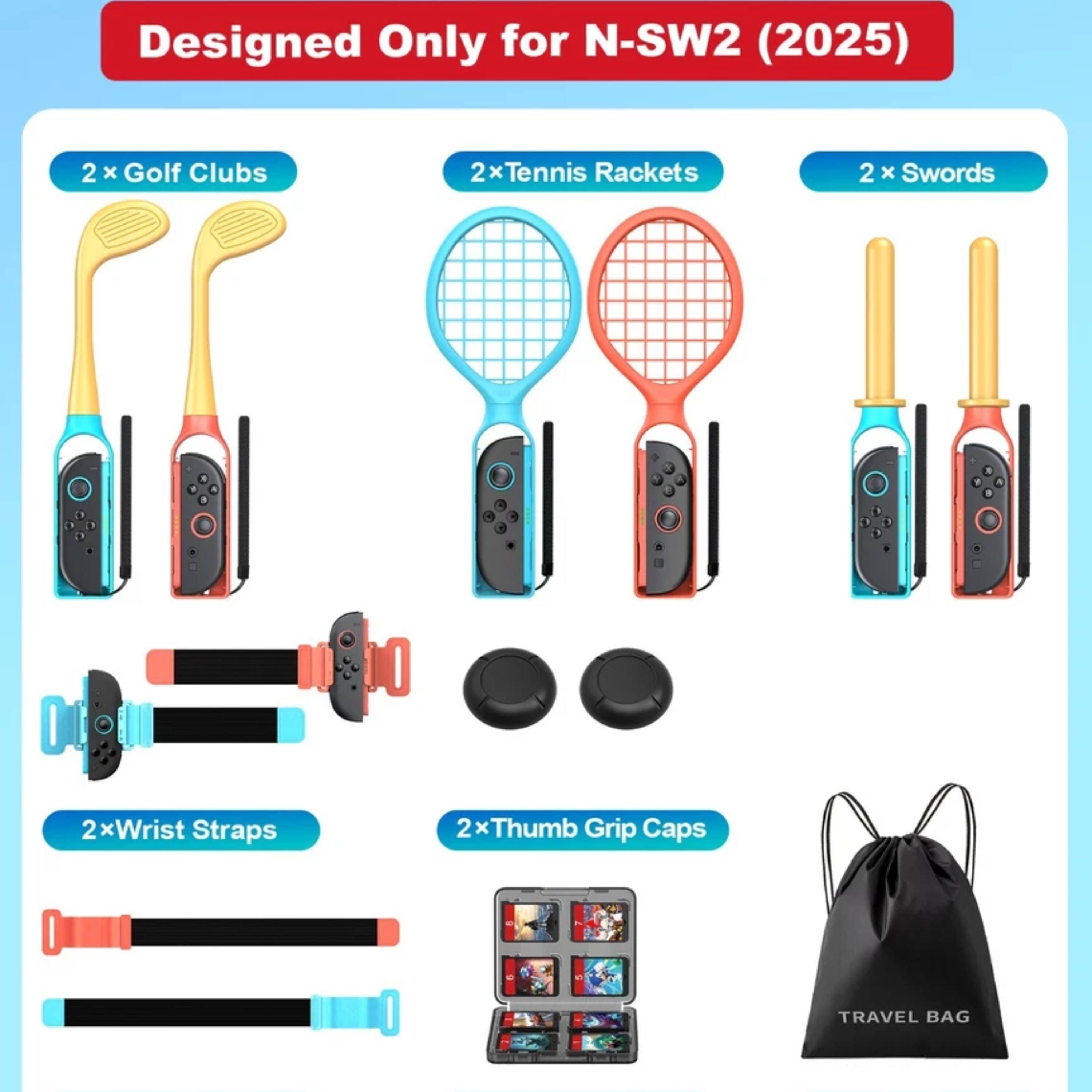 Designed Only for N-SW2 (2025)

- 2 x Golf Clubs
- 2 x Tennis Rackets
- 2 x Swords
- 2 x Wrist Straps
- 2 x Thumb Grip Caps
- TRAVEL BAG