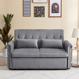 Tiramisubest - Modern Velvet Convertible Loveseat Sleeper Sofa with 2 Lumbar Pillows,Adjustable Pull-Out Bed,Removable Armrest - Gray