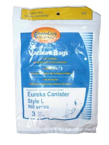 A MUST FOR ALLERGY SUFFERERS  
313 EnviroCare TECHNOLOGIES Microfiltration Vacuum Bags  
99.7% Filtration Traps Microscopic Particles and Allergens  
99.7% Filtration Particules et Allergenes Microscopiques de Pieges  
99.7% Filtration Particulas Alergenicos Micromscopicos de las Dastvos  
Designed to Fit Eureka Canister Style L 960 series  
3 BACS 3 SACS