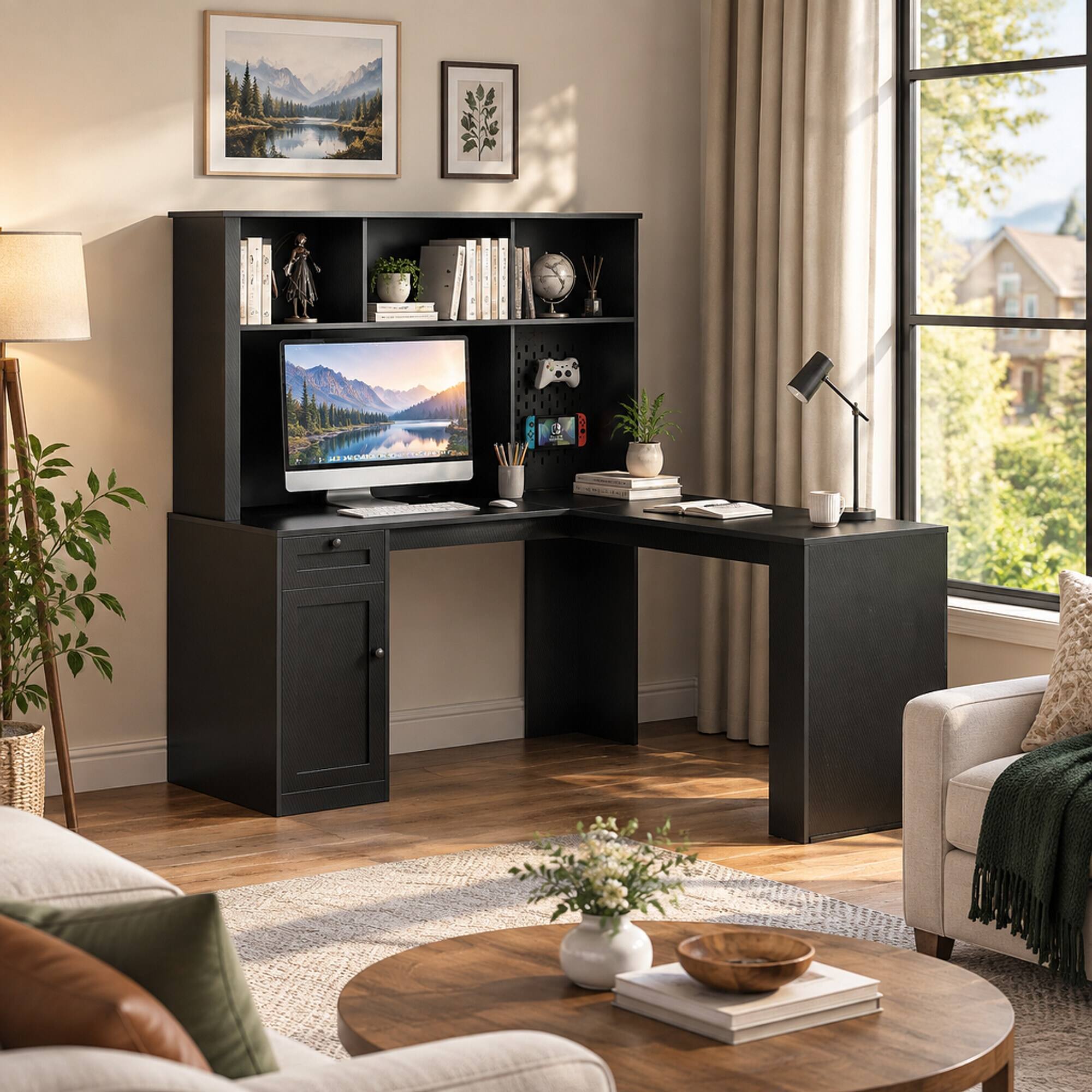 RYHNUYNE L Shaped Corner Desk, 2 USB Ports and 3 Outlets, Carbon Fiber ...