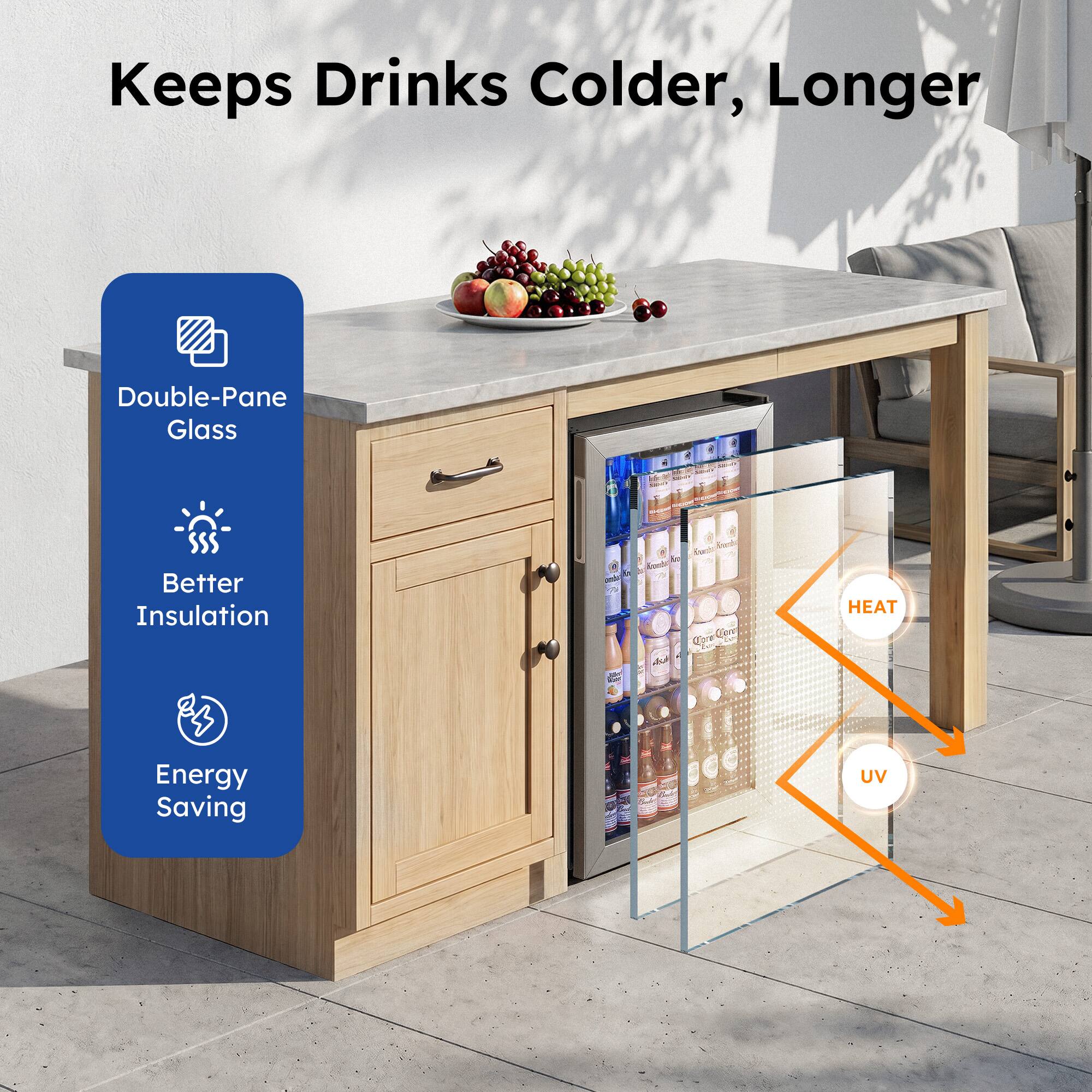 Keeps Drinks Colder, Longer

Double-Pane Glass
Better Insulation
Energy Saving

HEAT
UV